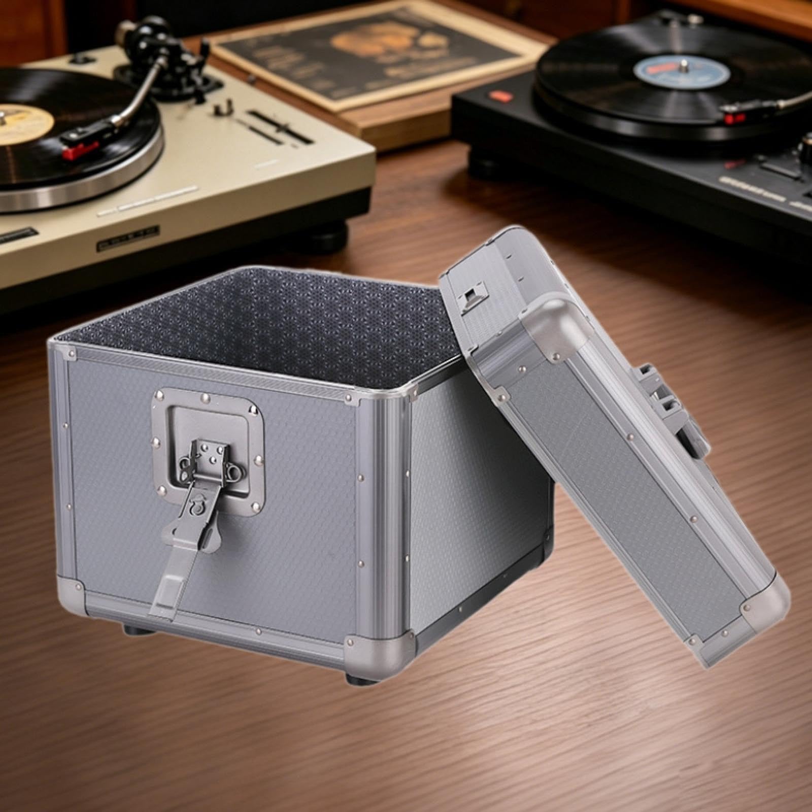 Scatola Porta Dischi Vinile Custodia Organizer Cassettina Archiviazione Portatile Alluminio Durevole con Blocco per Musica Collezionisti Ada, Grigio L
