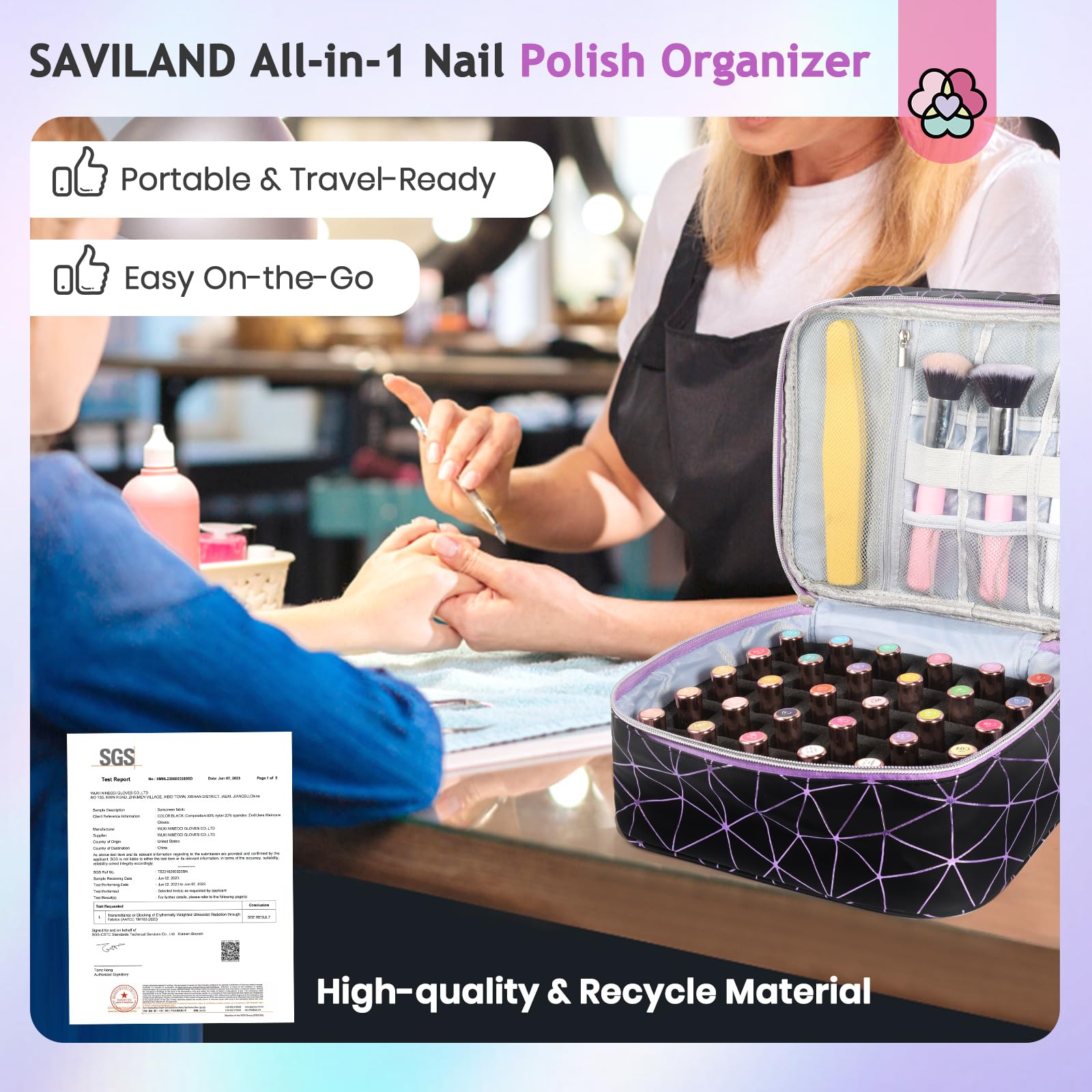 SAVILAND Nail Polish Organizer Bag: PU Leather Nail Kit Organizer Holds 30 Bottles & Nail Lamp - Image 2