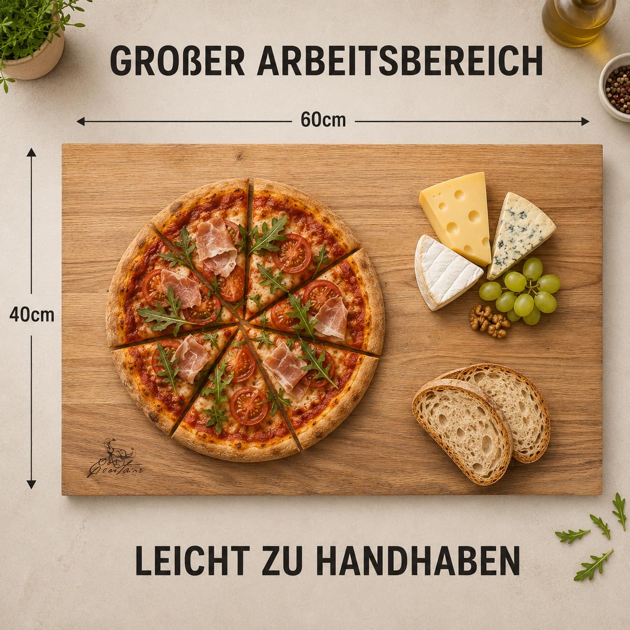 Centaur Massivholz Schneidebrett Made in Germany – Premium Küchenbrett aus Eiche 60x40cm – Großes Hackbrett mit Griffmulden & 3,5cm Stärke – Robust, Beidseitig Nutzbar & Öko-Massivholz