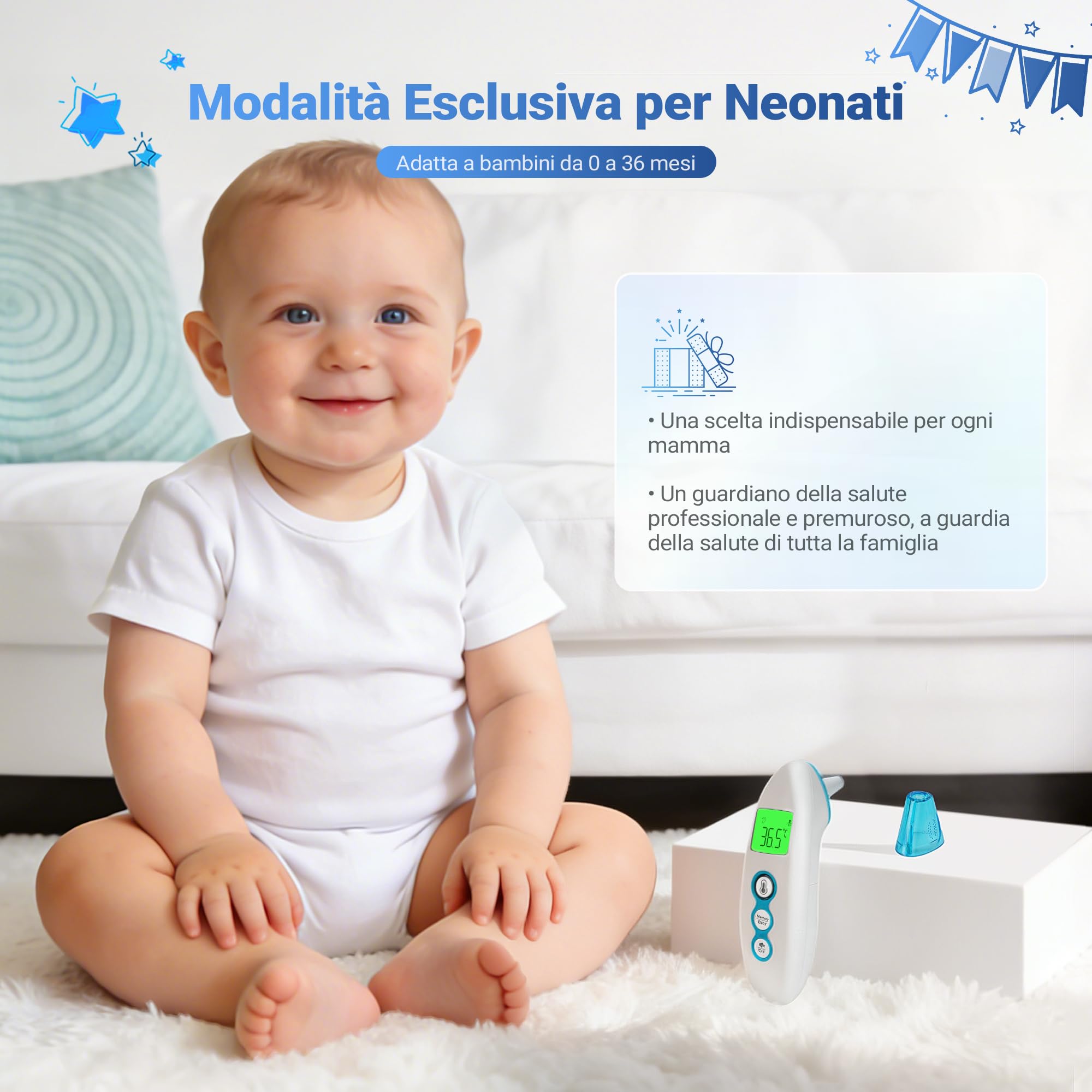 BESTEK Termometro Febbre Doppia Modalità (Frontale/Auricolare),Termometro Neonato per Oggetti, Termometro Digitale Ambiente e con Funzione Neonato 0-36 Mesi