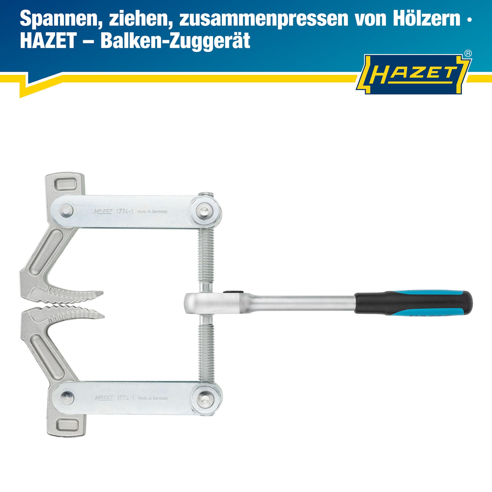 HAZET Balken-Zuggerät 1774-1 I Spannweg: 115 mm, Gesamtbreite: 440 mm, Knarrenlänge: 275 mm, Trapezgewinde TR 16 x 5 I zum Spannen, Ziehen und Zusammenpressen von Hölzern