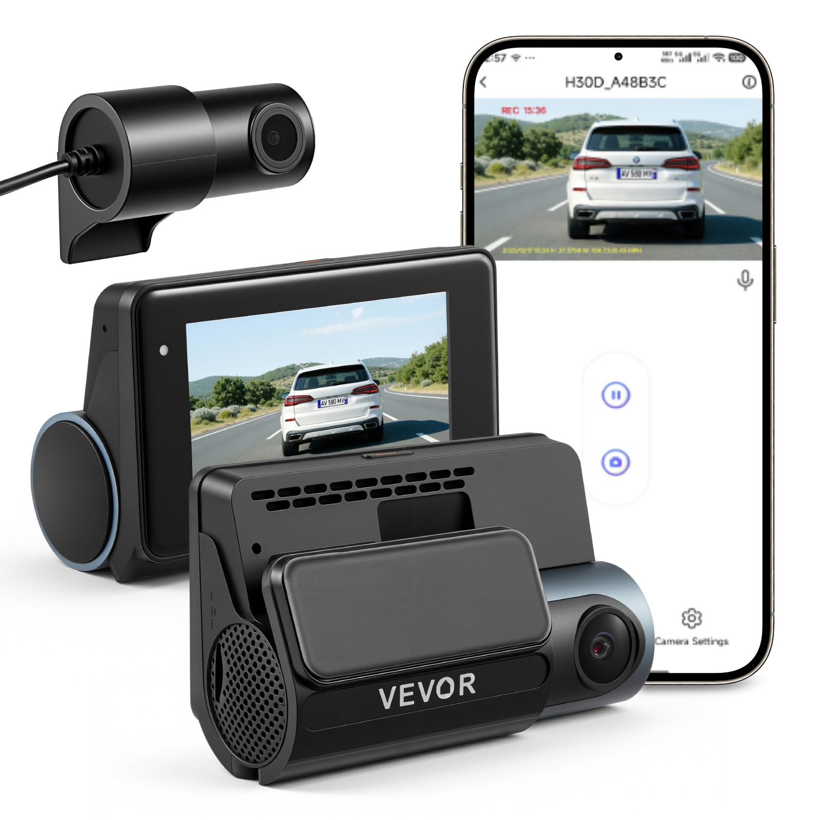 VEVOR Cámara de Salpicadero para Coche Dashcam Frontal y Trasera 4K+1080P, Control por Aplicación WiFi, con GPS Integrado, Sensor G, Ángulo de Visión Frontal 123° y Trasero 125°, Grabación en Bucle