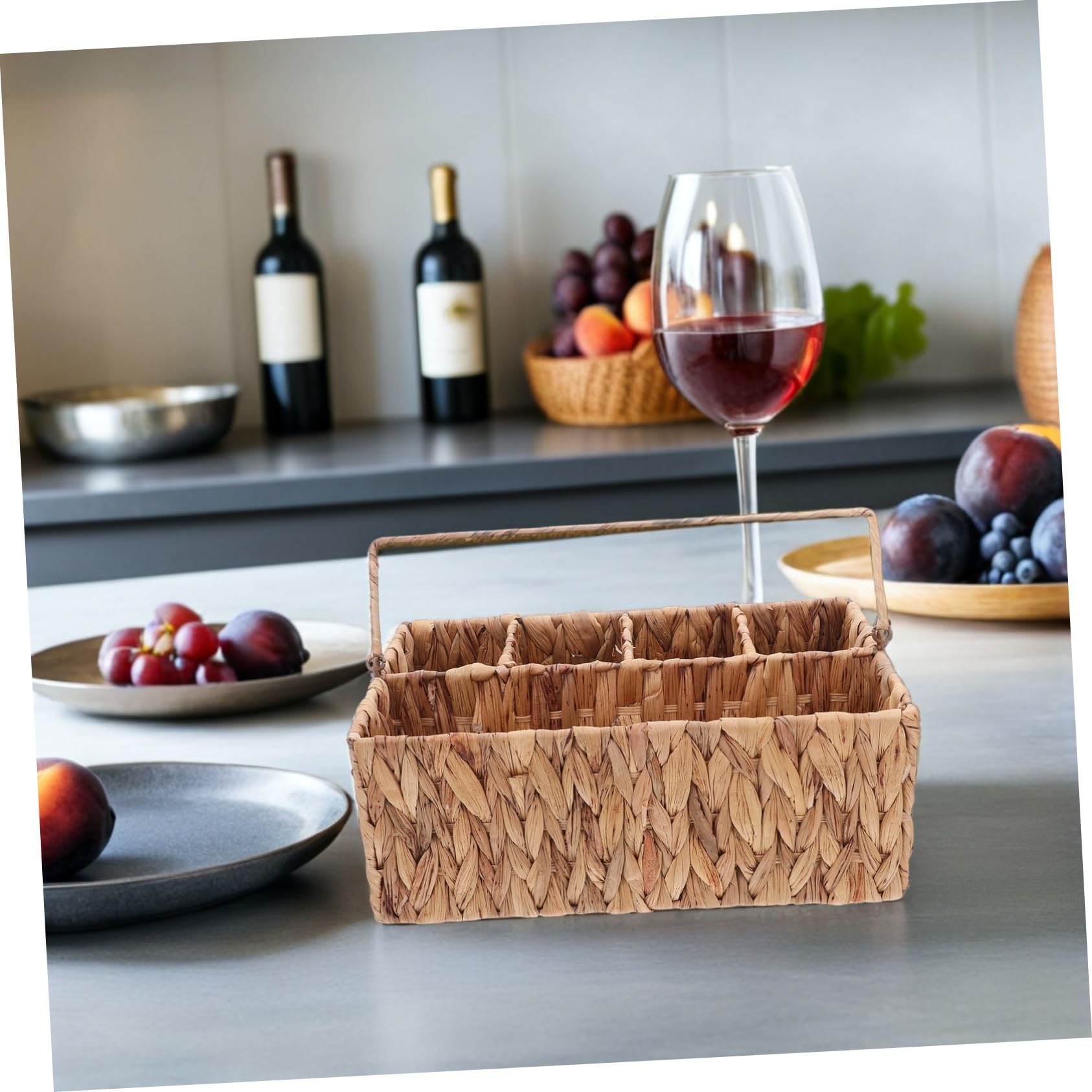 Mikinona Cesta Organizadora de Cubiertos de Mimbre con Compartimentos Cesta Portátil para Picnic Soporte para Utensilios y Condimentos Diseño Rústico y Compacto para Mesa y Almacenamiento