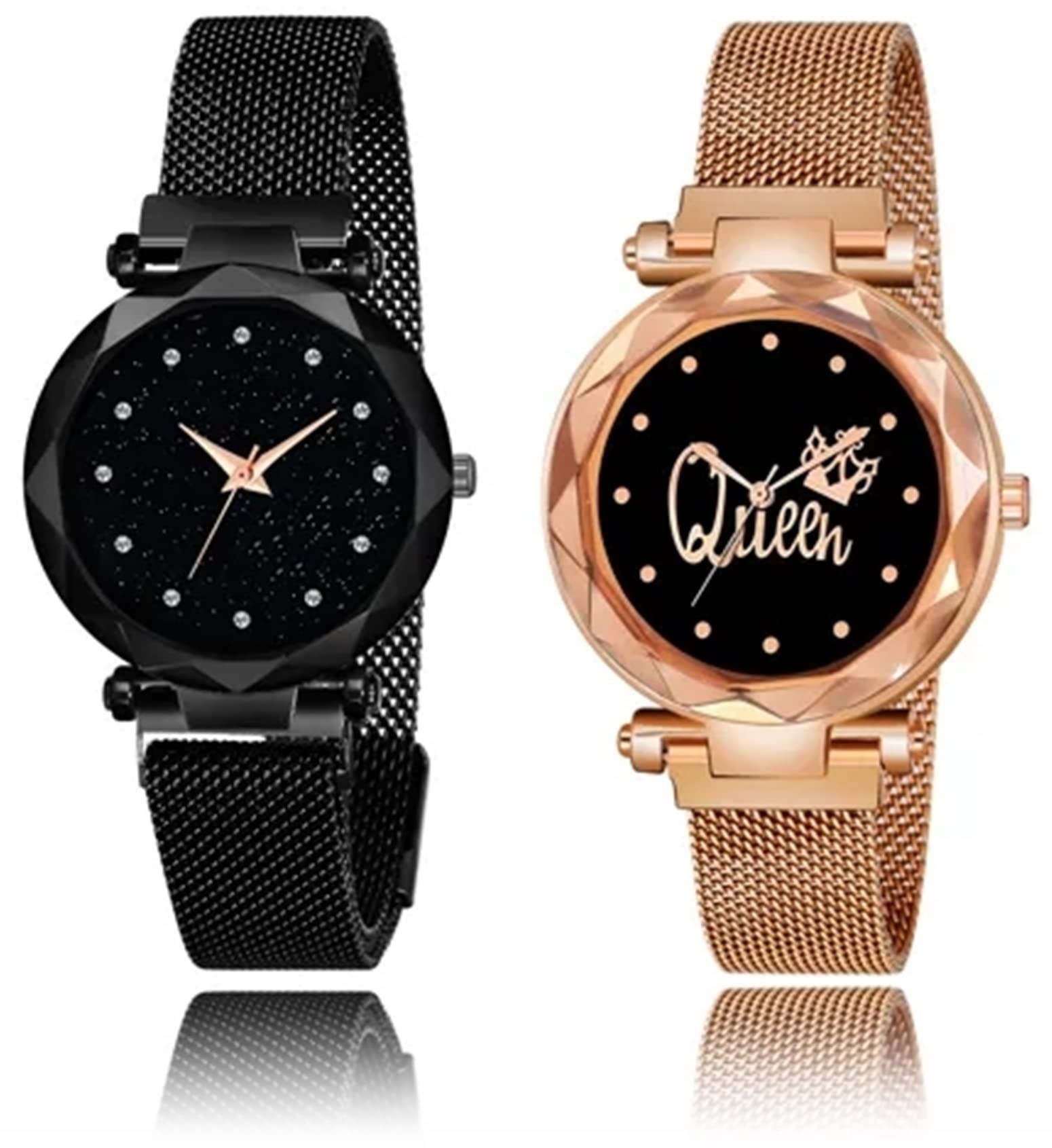 OM DESIGNER Black Round 12 Diamond Dial with Queen Dial Copper Magnet Belt Analogue Watch for Women Pack of - 2 (B0BCZCPVPF) Amazon Price History, Amazon Price Tracker
