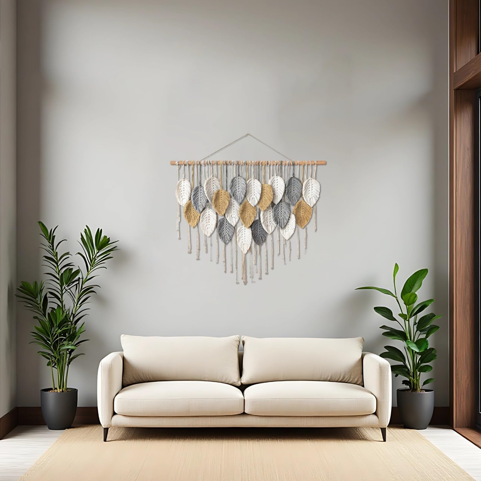 Tapiz grande de macramé de algodón tejido a mano para colgar en la pared, estilo bohemio, diseño colorido de hojas, para sala de estar, entrada o dormitorio, barra de madera que ofrece fácil colgar