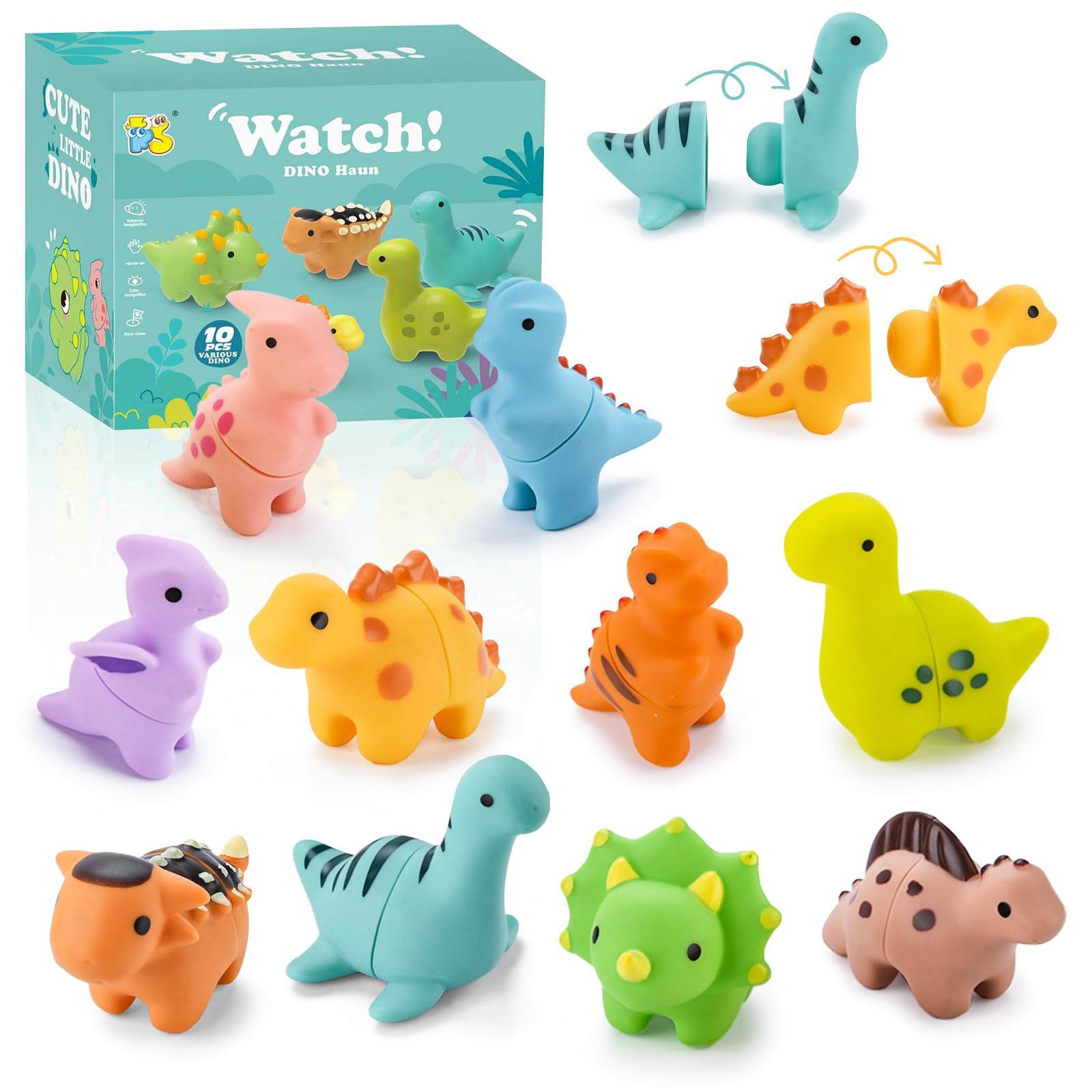 JOYBOY Montessori zabawka edukacyjna z 10 dinozaurami, różne kolory i układanie w stos dla dzieci od 1,2,3 roku, zabawka motoryczna do wspierania motoryki precyzyjnej, chłopców i dziewczynek