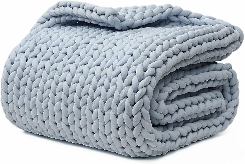 YnM Manta con peso refrescante, diseño de punto de hilo grueso hecho a mano, regulador de temperatura y transpirable, manta lavable a máquina para dormir o decoración del hogar (azul celeste, 60 x 80 pulgadas, 20 libras)