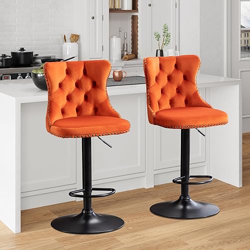 Miniatura 220 de Aoowow Juego de 2 taburetes de bar giratorios ajustables con respaldo de terciopelo copetudo, sillas de bar modernas tapizadas con cabeza de clavo