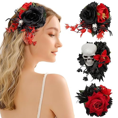Pinza para el pelo de calavera de Halloween para mujer, 3 pasadores para el cabello con diseño de flor de rosa, horror para mujer, fiestas de