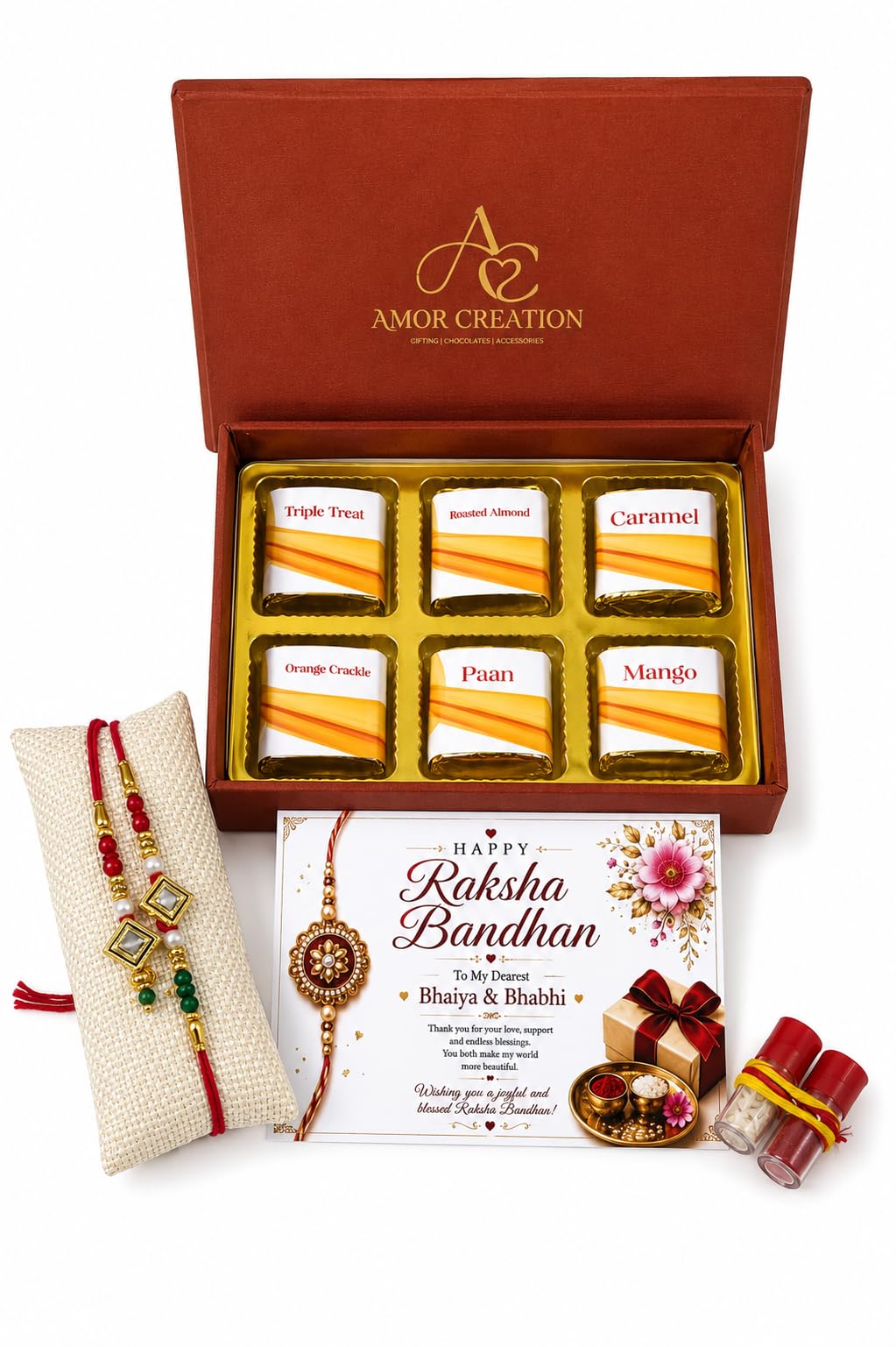 AMOR CREATION Raksha Bandhan Gift Hamper for Bhaiya Bhabhi | 1 Couple Rakhi | 6 Assorted Handcrafted Chocolates | Raksha Bandhan Greeting Card | Roli Chawal | Festive Gift Box-image-10