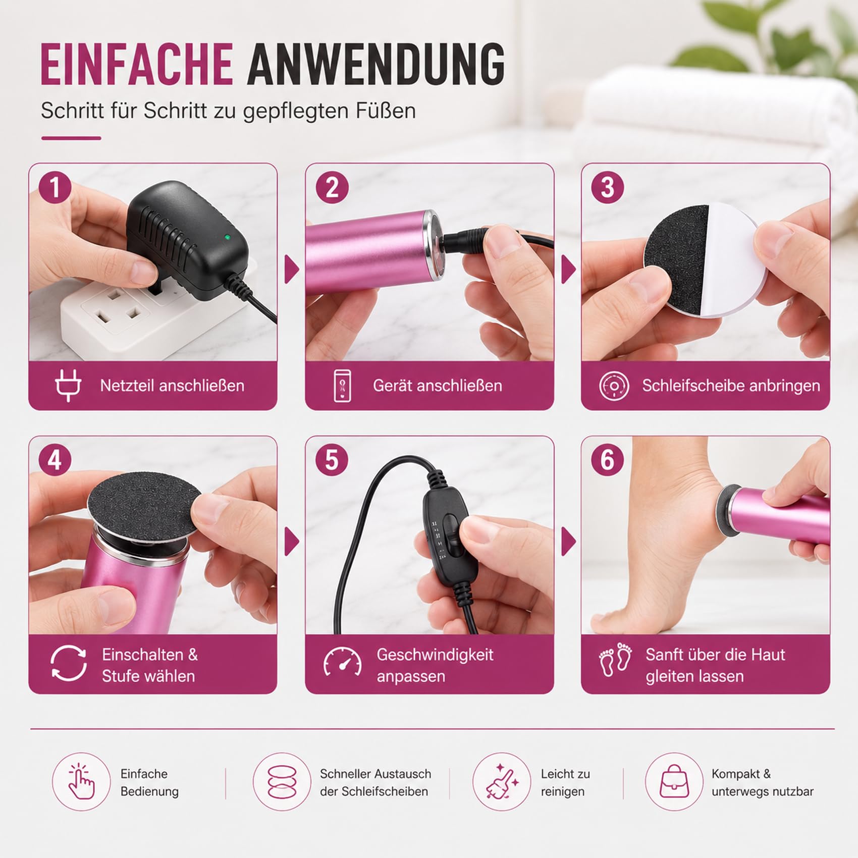 2027 NEU Electric Foot Callus Remover, FußSchleifer mit 60 Schleifscheiben, Stufenlose Geschwindigkeitsregelung für Abgestorbene Haut, Rissige Haut, Hornhaut (Schwarz+Silber)
