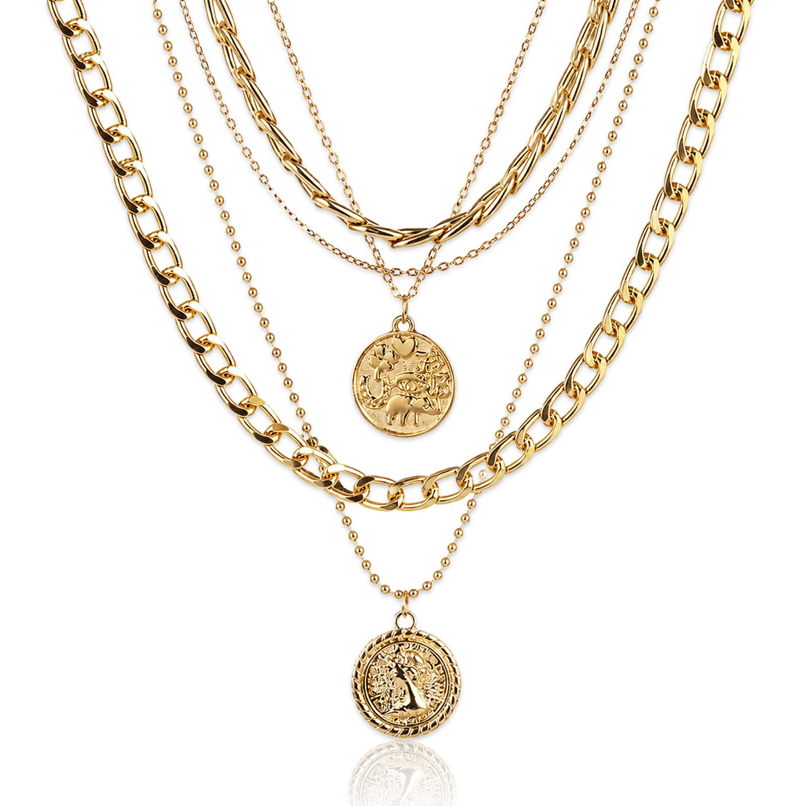 Pirate Necklace for Women, Gold Layered Coin Pendant Chunky Chain Jewelry