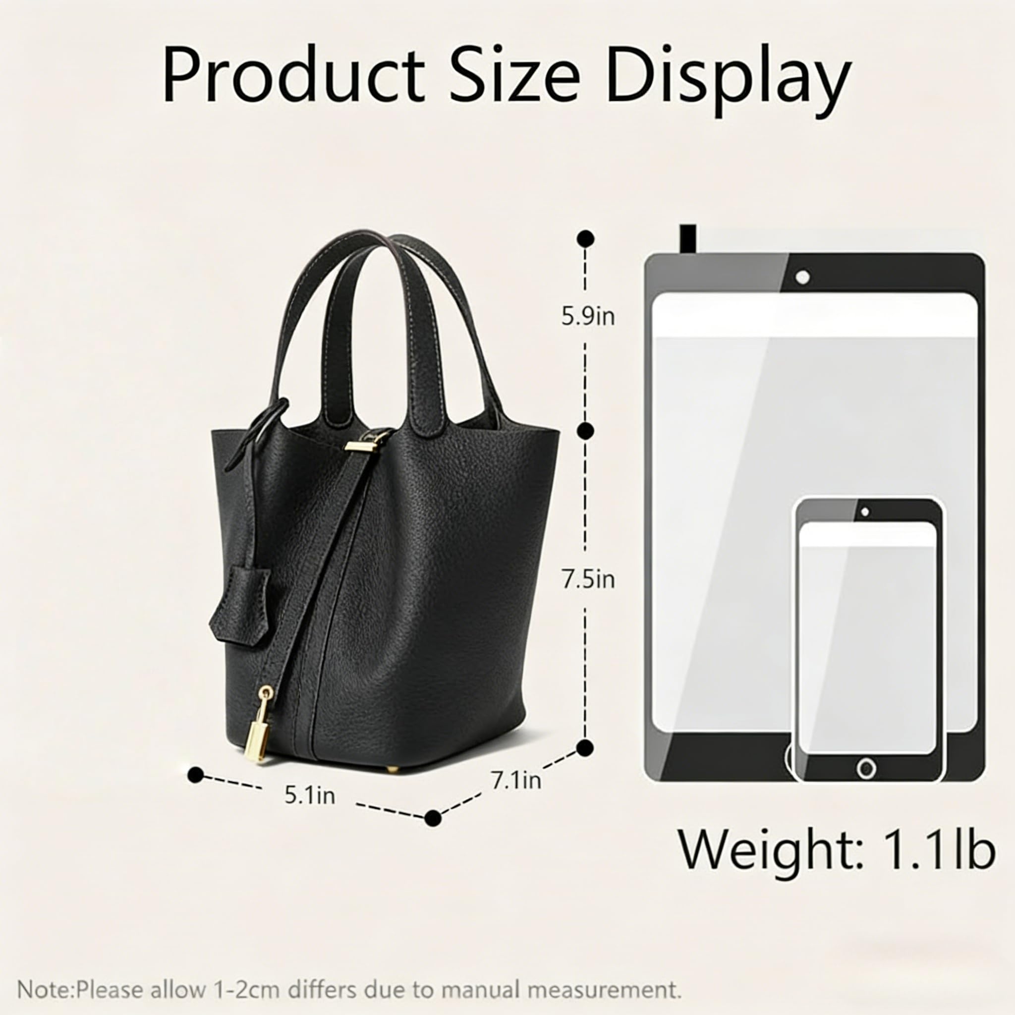 Bolso de piel auténtica para mujer: bolso de hombro con diseño de cerradura, versátil y asa superior, cesta de verduras de moda