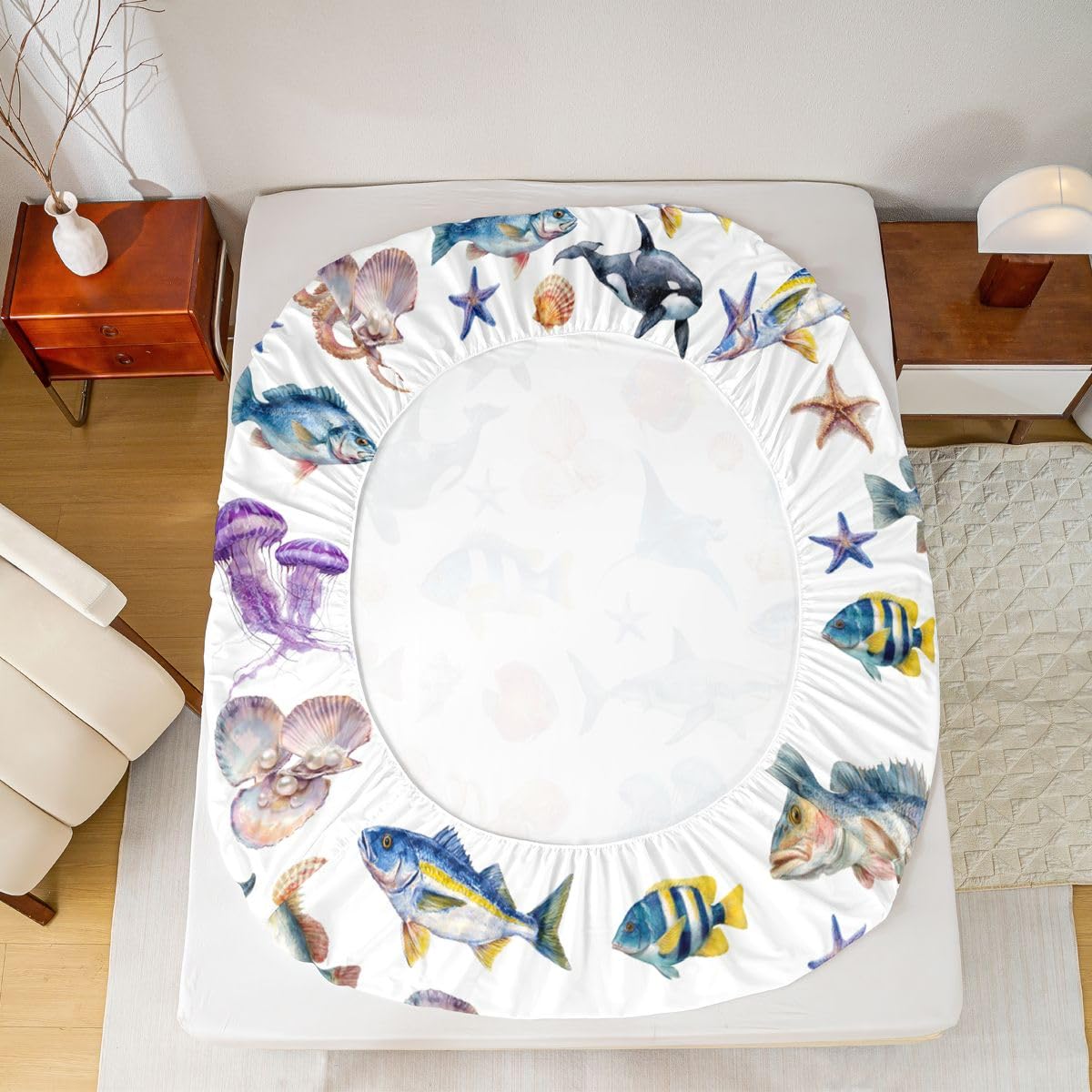 Homewish Ocean zestaw pościeli King Orca wieloryb okonia ryba prześcieradło z gumką meduza ośmiornica prześcieradła dla dzieci nastolatków dziewcząt, nadmorskie życie morskie narzuta na łóżko 3 szt
