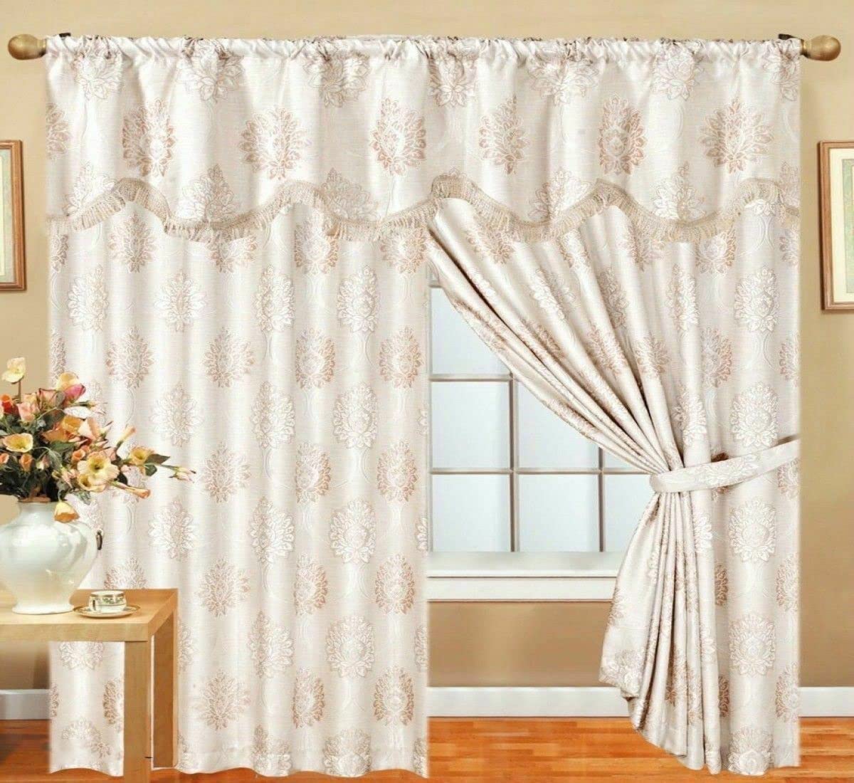 Prime Linen Curtains Pair Glitter Stripe Jacquard Fully Lined Matching Pelmet & Tieback Cream 90 x 72 — image 1