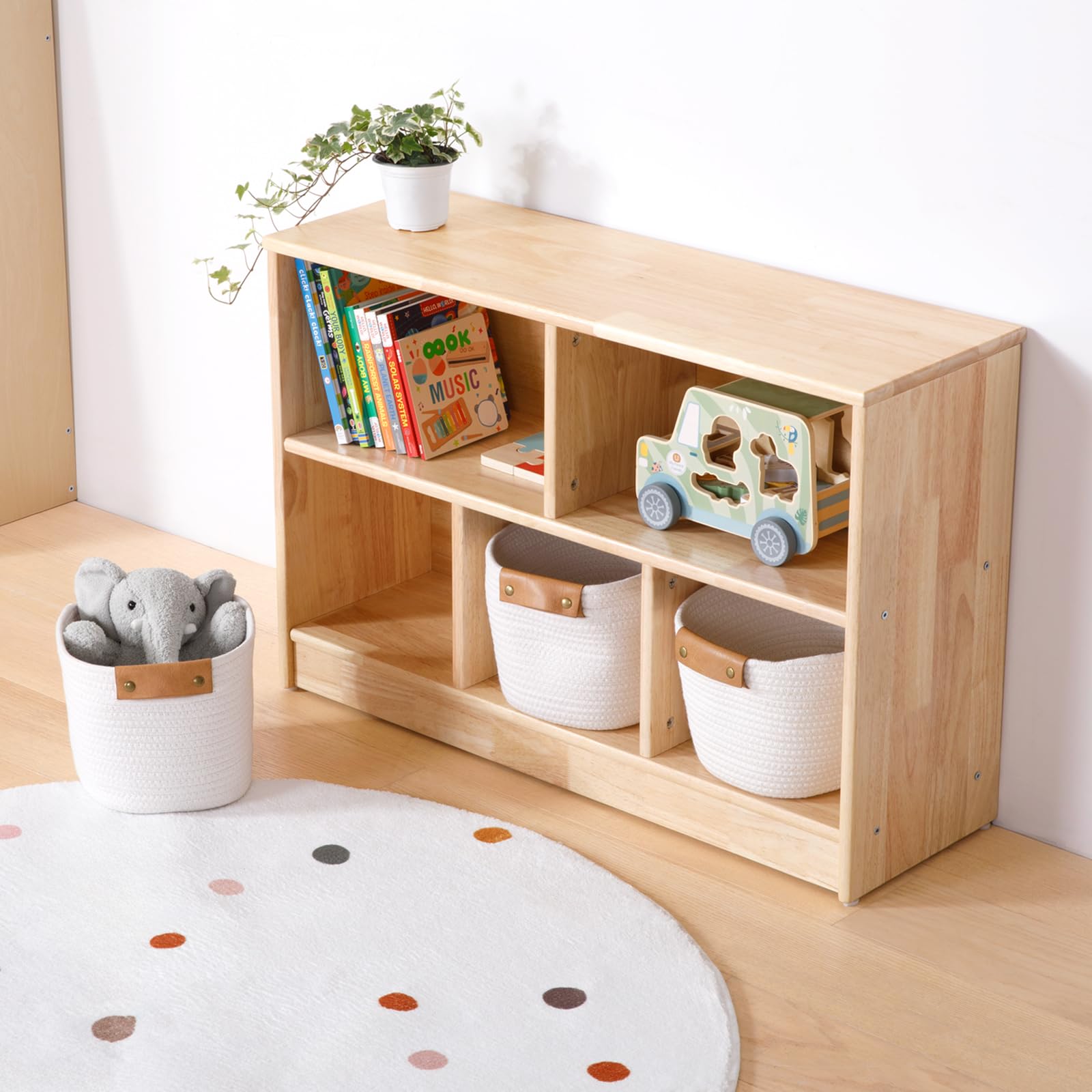 OOOK Estantería infantil de madera de goma, para juguetes, con 2 compartimentos grandes y 3 compartimentos pequeños, estantería para habitación infantil, sala de juegos y guardería, 90 x 30 x 60 cm