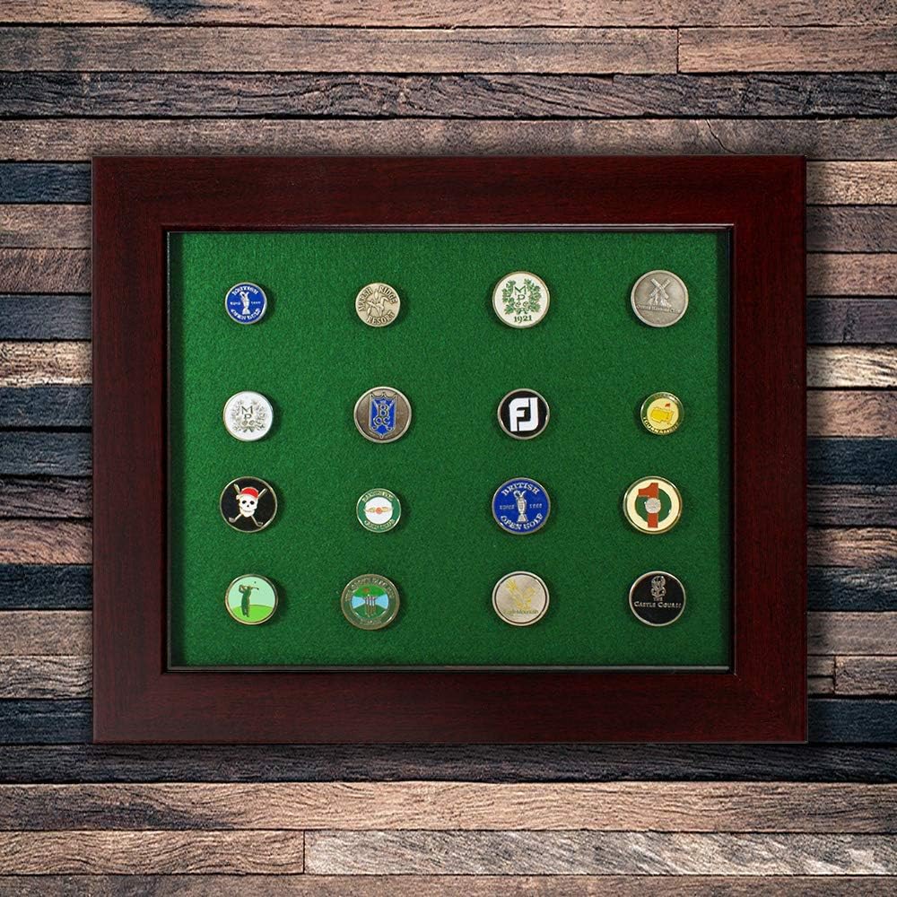 Desktop Golf Ball Marker Framed Display | Holds Flat or Pegged Ball Markers | Cherry Finish | Made in USA | Measures 11" W x 9" H