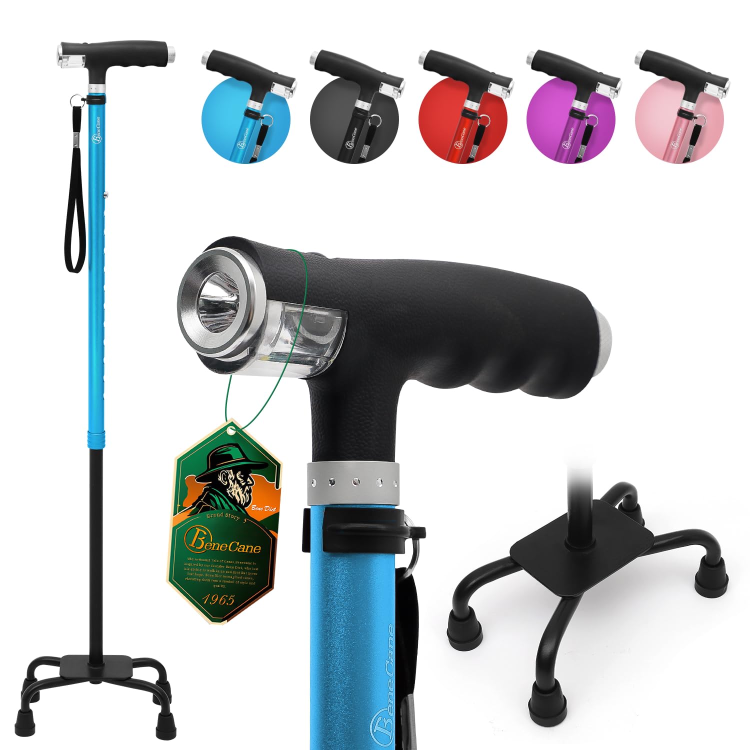 BeneCane Quad Cane Walking Cane with Two Led Lights with Big Base T Handle&Lightweight Adjustable Walking Stick Four Pronged Sturdy for Men and Women(Blue)