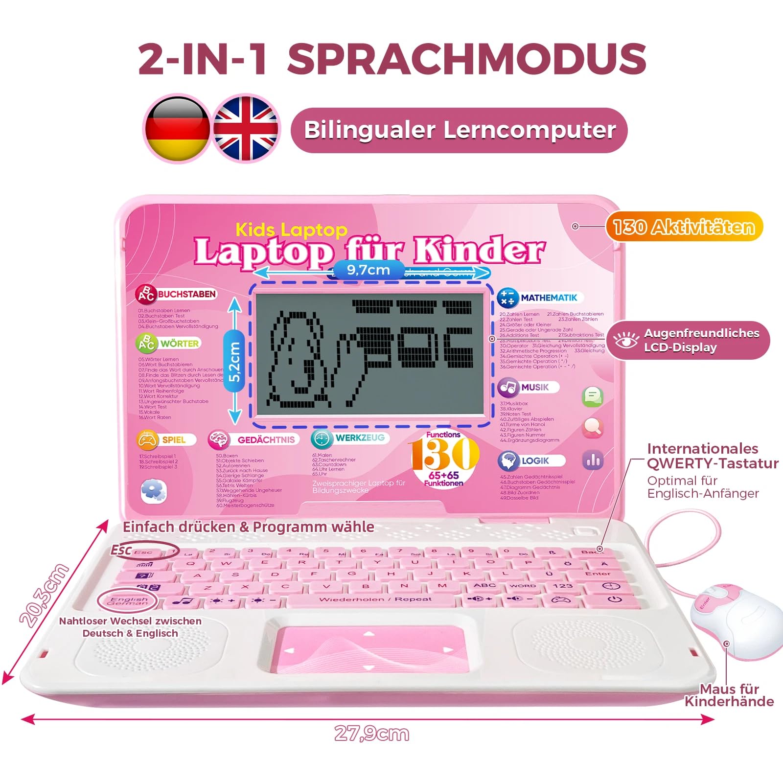 Kinder Laptop - Bilingualer Lerncomputer (DE/EN) mit 9,7x5,2cm Bildschirm für Mathe, Alphabet, Musik & Spiele