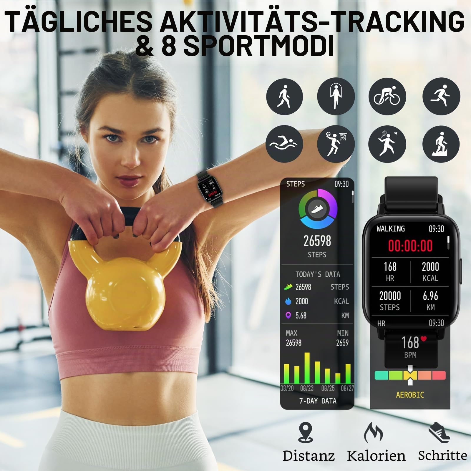 Smartwatch Damen 1,69 Zoll Bluetooth Anrufe Fitnessuhr Herzfrequenzmonitor Schlafmonitor Schrittzähler SpO2 Fitness Tracker Kalorien Musiksteuerung