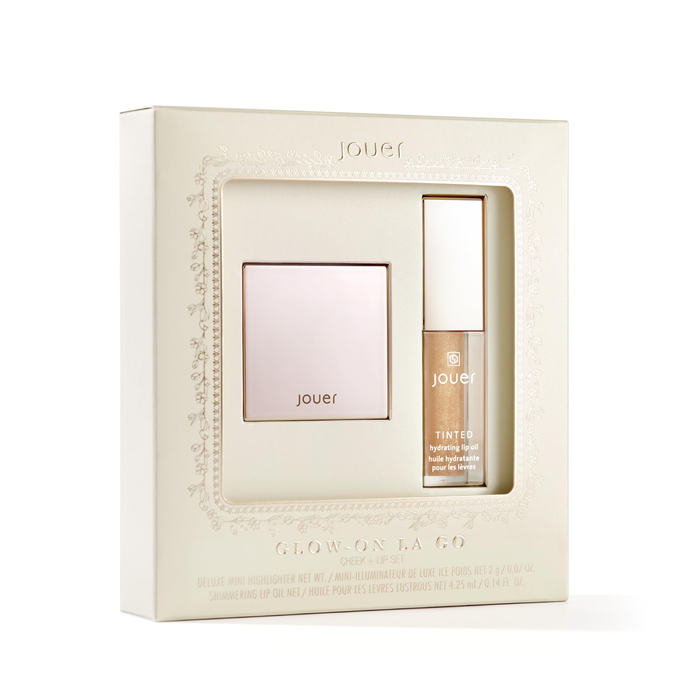 Jouer Glow On La Go Cheek & Lip Set - Deluxe Ice Highlighter + Diamond Shimmering Tinted Lip Oil - Highlighter Powder for Face - Luminizing Powder &