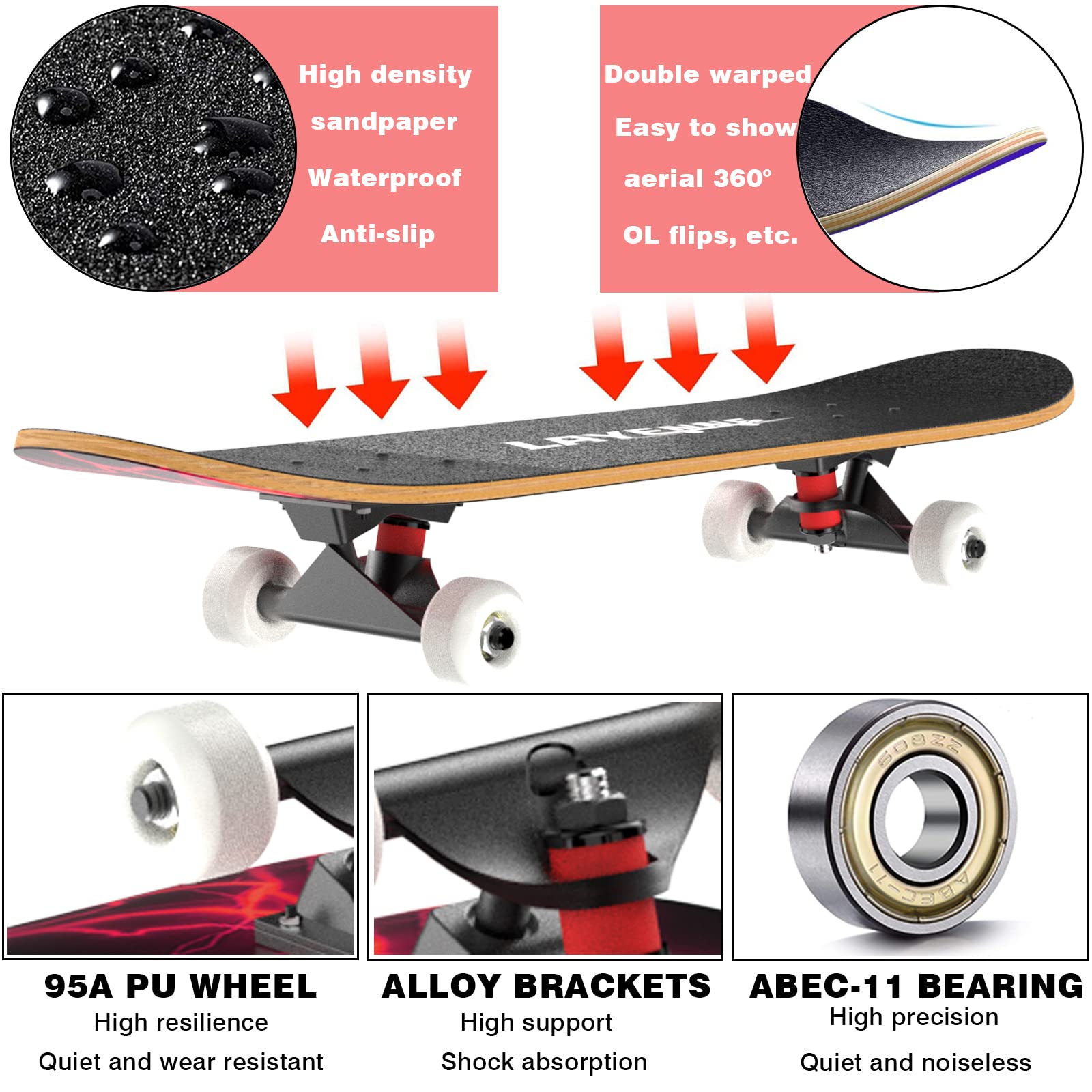 Skateboard Complet, Planche en érable à 9 Couches, Planche à roulettes avec roulement ABEC-11, Convient aux Adultes, aux Enfants, aux débutants, aux skateurs Professionnels