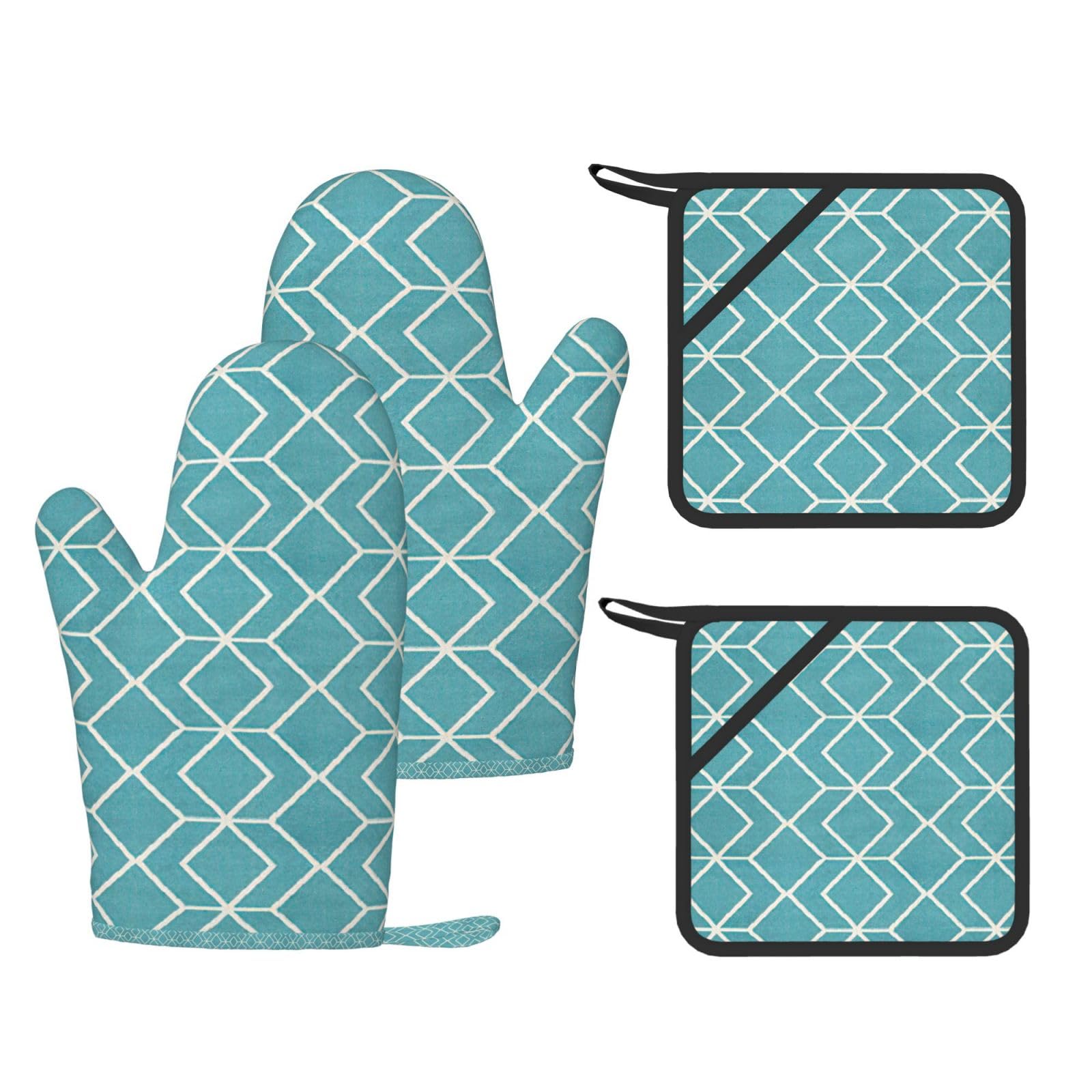 Eeprty Black Blue Lattice Printed Kitchen Oven Gloves And Potholder 4 Pcs, Non-Slip Heat Resistant Mitts For Baking Chef
