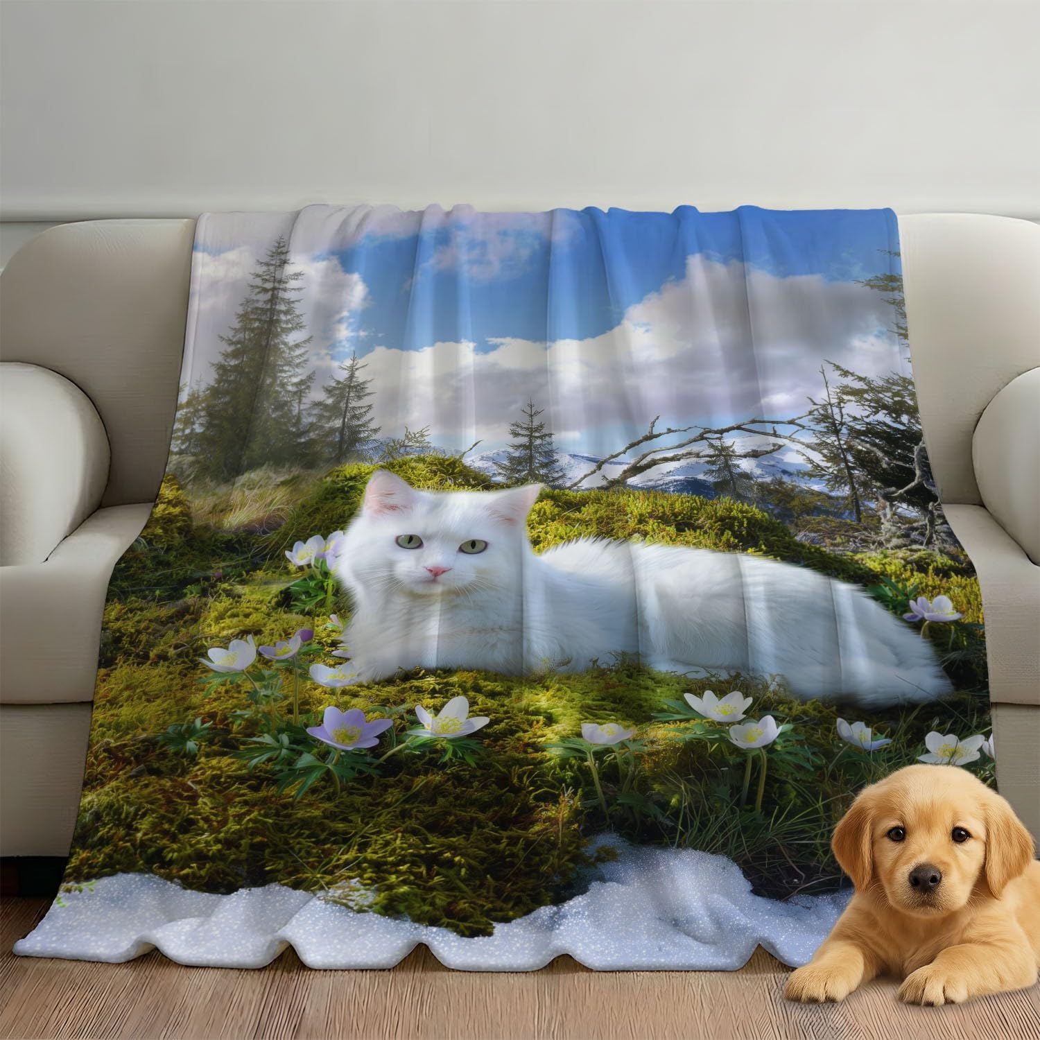Générique Couverture Plaid Flanelle 150cm x 200cm Épais Couvertures Polaire d'automne Chaud, Réalisme Paix Chat Moelleuse Légères Blanc Vert Couvertures pour Lit ou Canapé