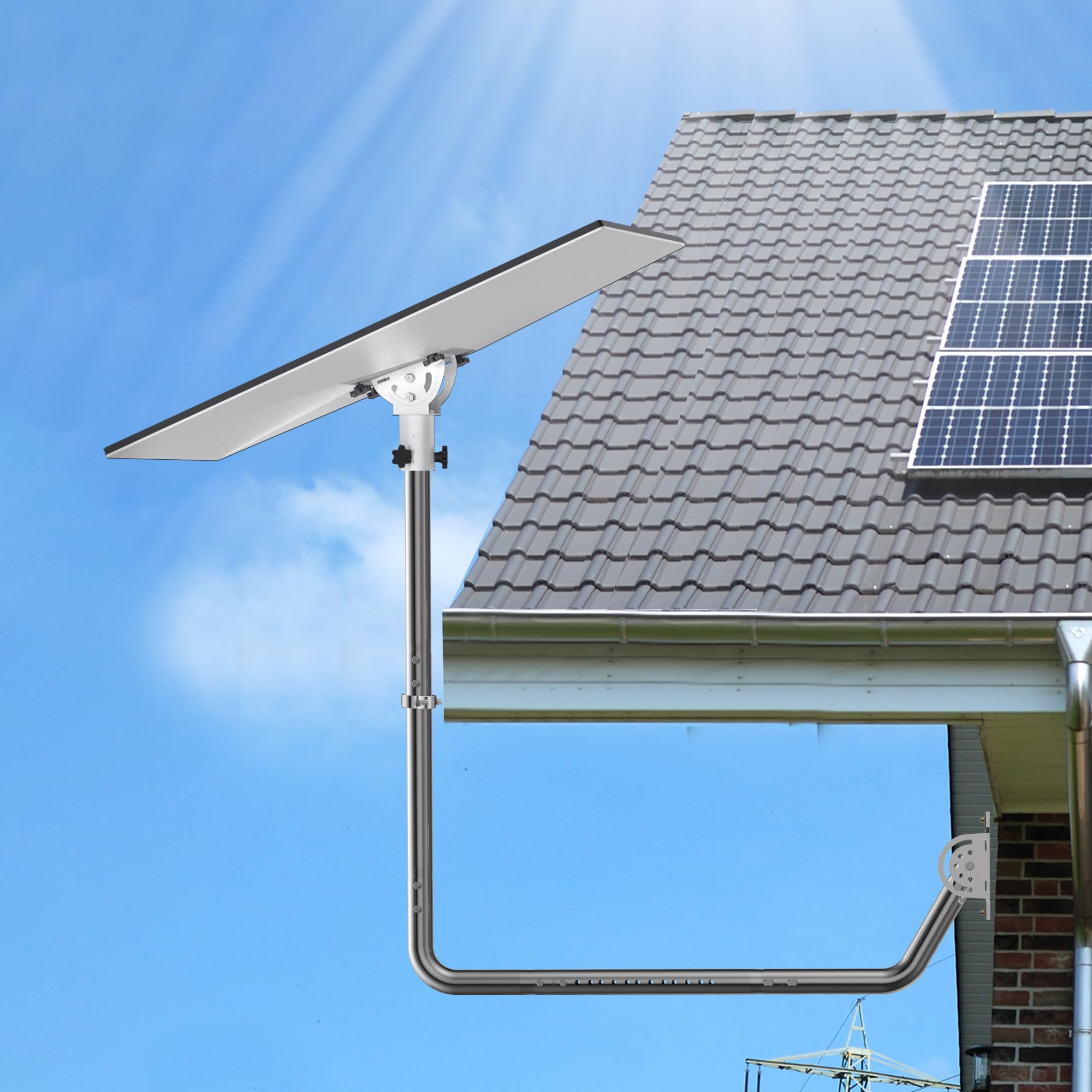 Langer Wand-Antennenhalter - Langer Dachrinnenstab mit 90° Winkel, Verlängerungsrohr, Verbindungsadapter und Schrauben. Perfekt für externe TV-Antennen (Silber)