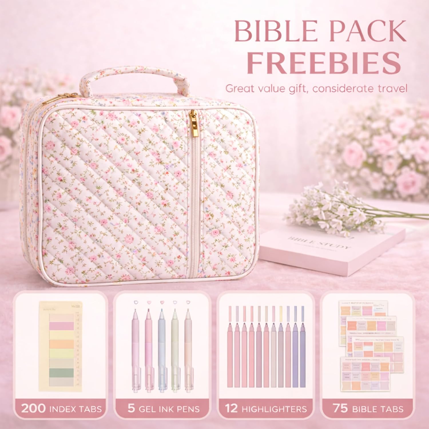 Bible Bag for Women, Bible Cover Case with Study Supplies,Large Quilted Bible Bag with Handle and Zipper, Suitable for Christian Books-Christian Gift for Girls(Small Floral Pattern)