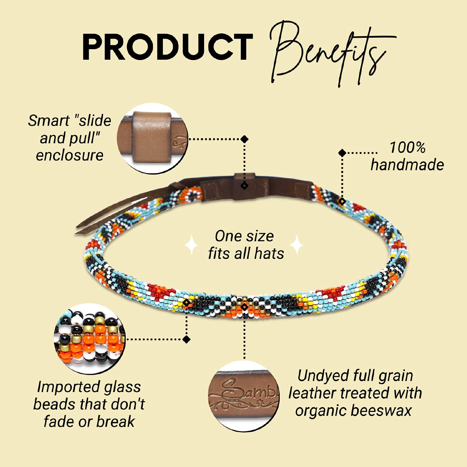 Sambboho - All Natural Soft Leather Hatbands w/Durable Hand Stitched Bead Embroidery