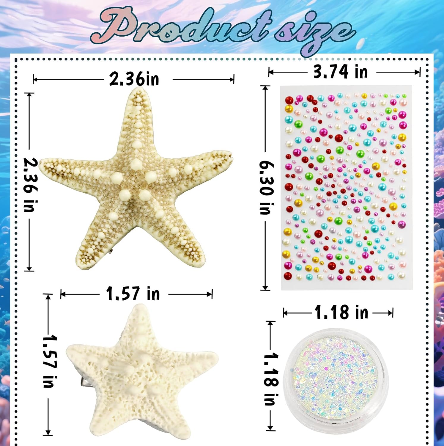 Condition photo showing New/Like New for Mermaid Costume Accessories Women - 4PCS Starfish Hair Clip, Mermaid Face Glitter and Pearl Stickers, Halloween Hair Clips for Princess Outfit Cosplay