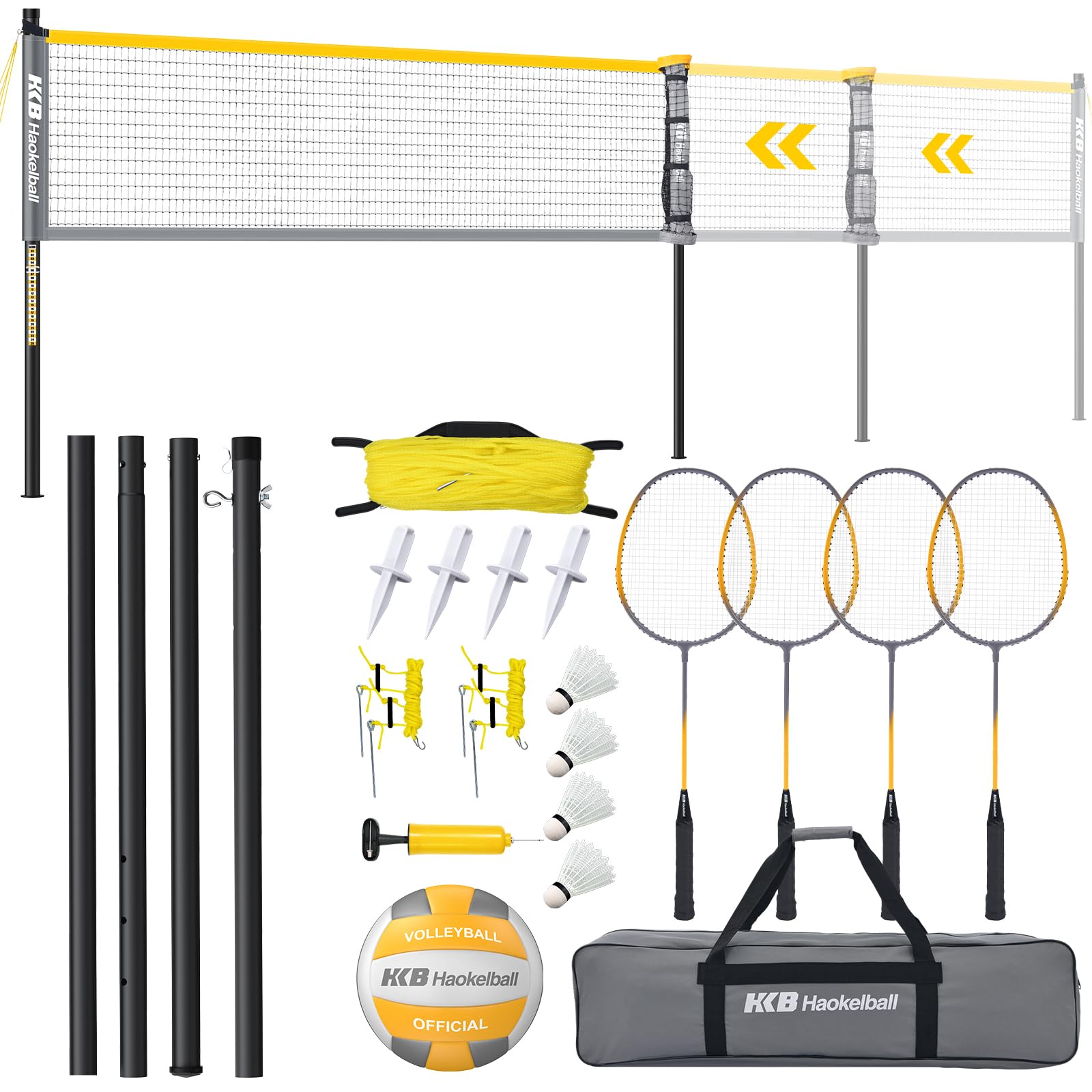 Haokelball Width Adjustable Volleyball and Badminton Combo Set Outdoor Volleyball Net for Backyard with Adjustable Poles, 4 Badminton Rackets, 4 Nylon Shuttlecocks, Volleyball, Pump and Carry Bag