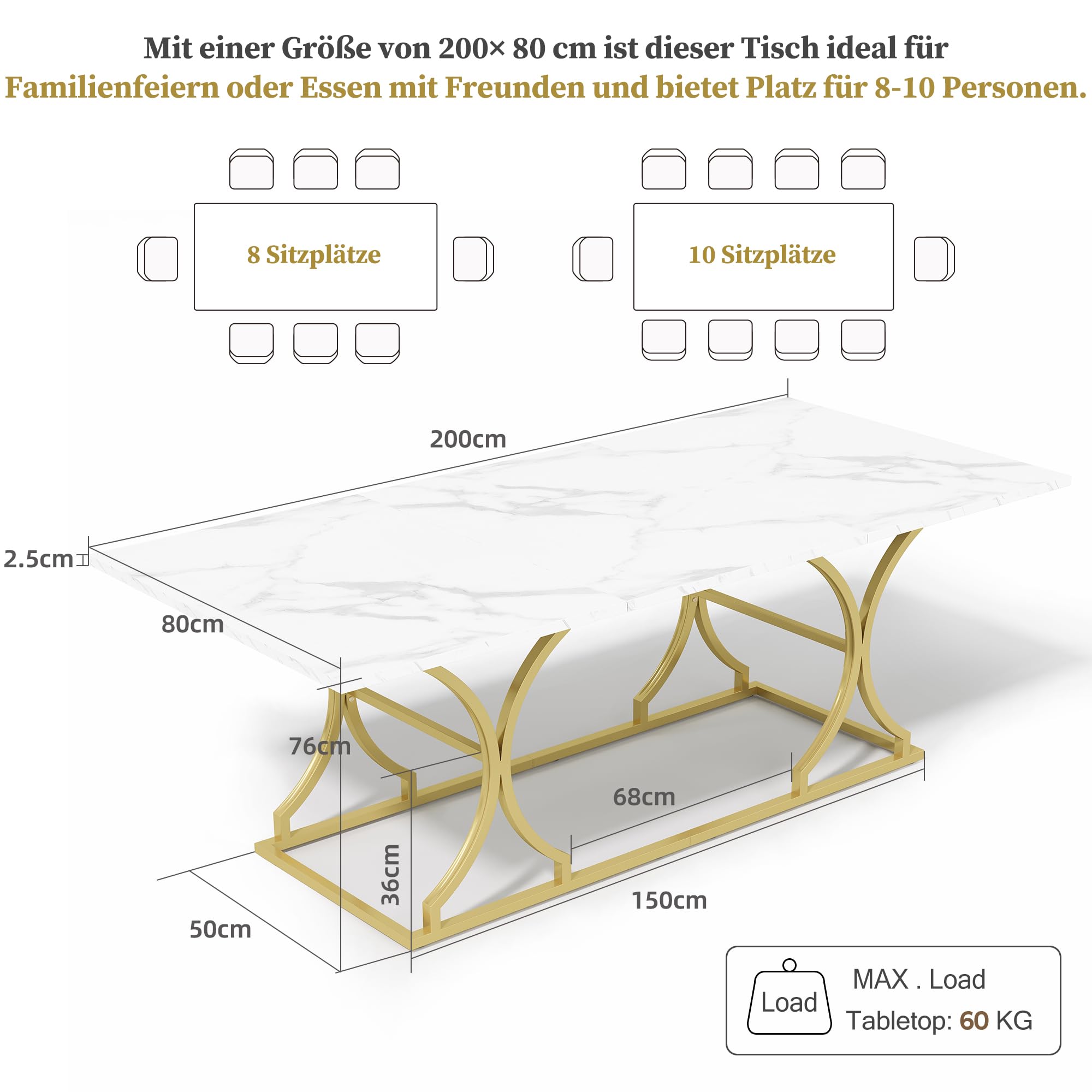 Tavolo da pranzo telescopico (200 x 80 x 76 cm), tavolo da pranzo allungabile, tavolo da cucina allungabile, salvaspazio, per cucina e soggiorno (bianco + oro)