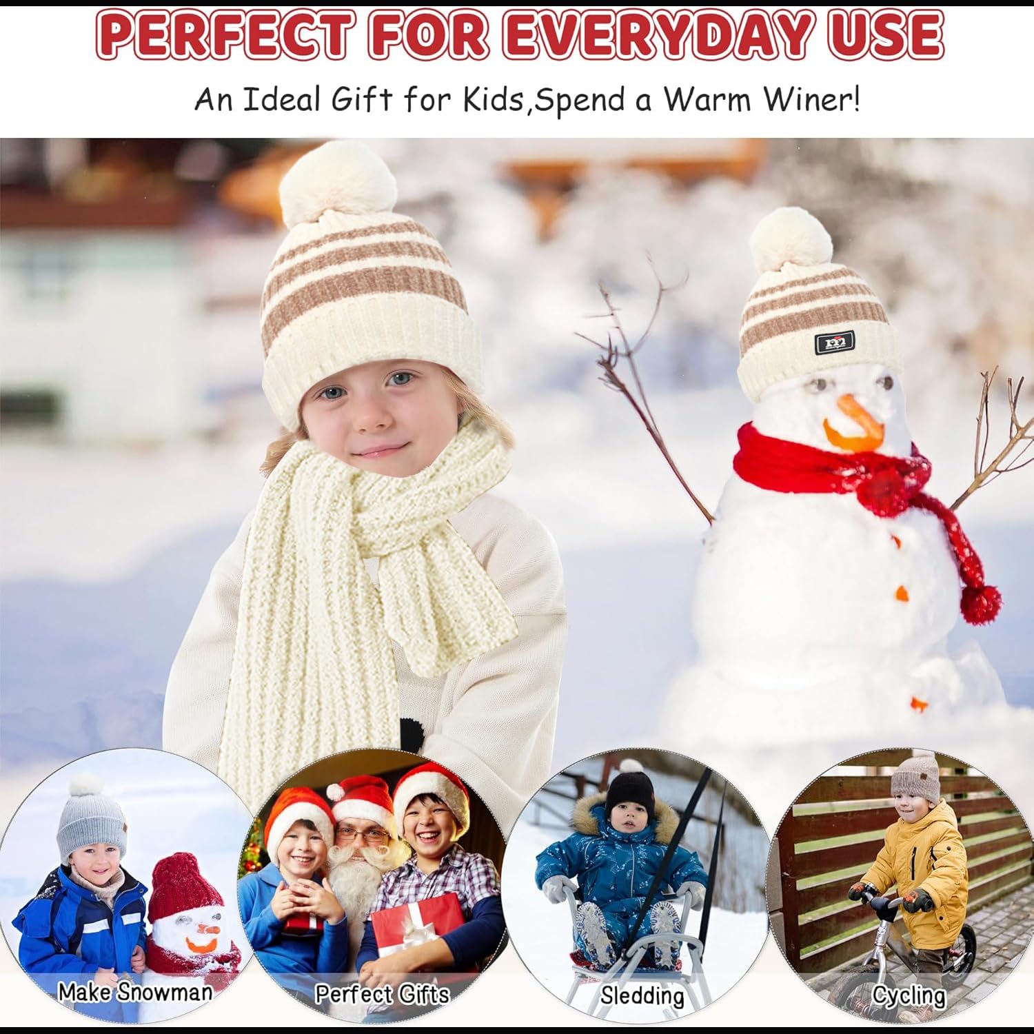 JFAN 3in1 Conjunto de Gorro Guantes y Bufanda de Invierno para Niños Térmico con Pompon Chenille 1-5 Años
