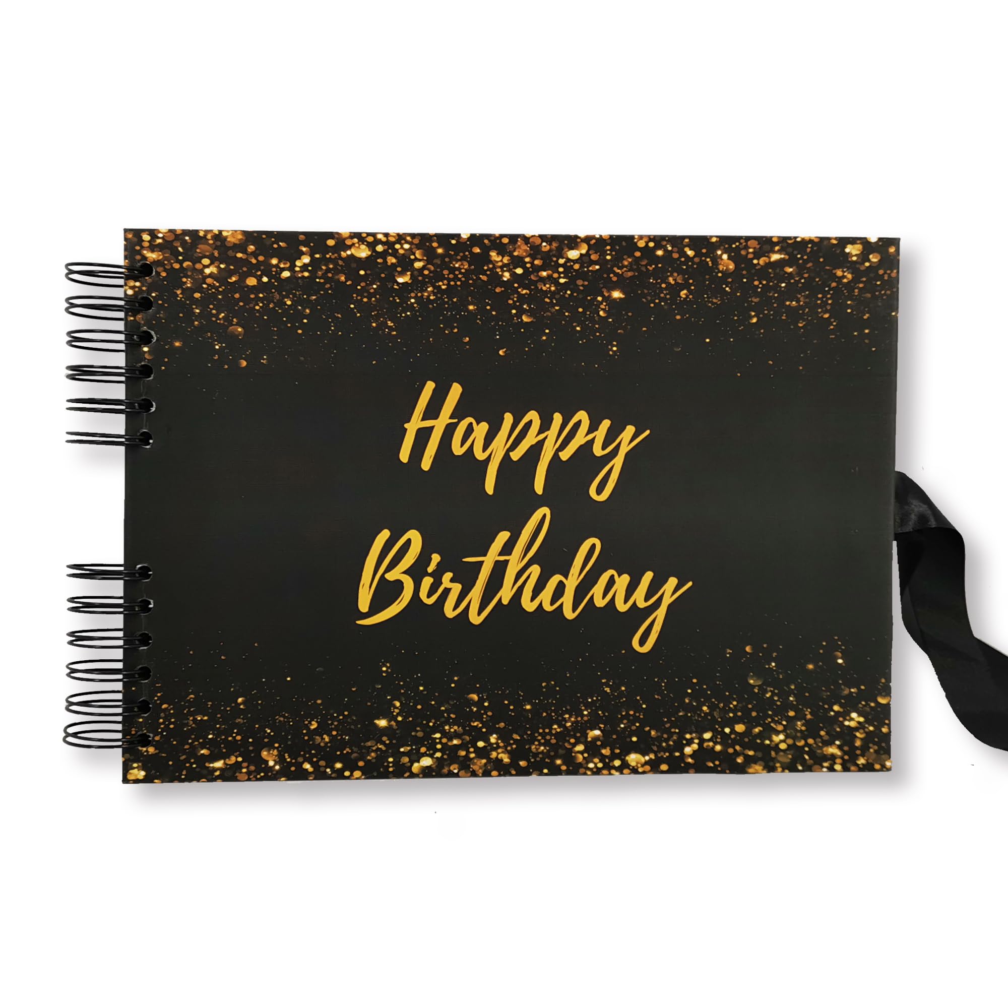 LP Lifestyle Large 12"x 8" A4 Size Guest Book DIY Photo Album Scrapbook - 80 Thick Blank Pages – Perfect for Birthdays and Gifts (Black & Gold Glitter 'Happy Birthday')