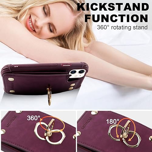 Miniatura 5 de Funda tipo cartera para iPhone 11 con tarjetero de crédito, funda protectora de cuero a prueba de golpes compatible con anillo de rotación de 360 y