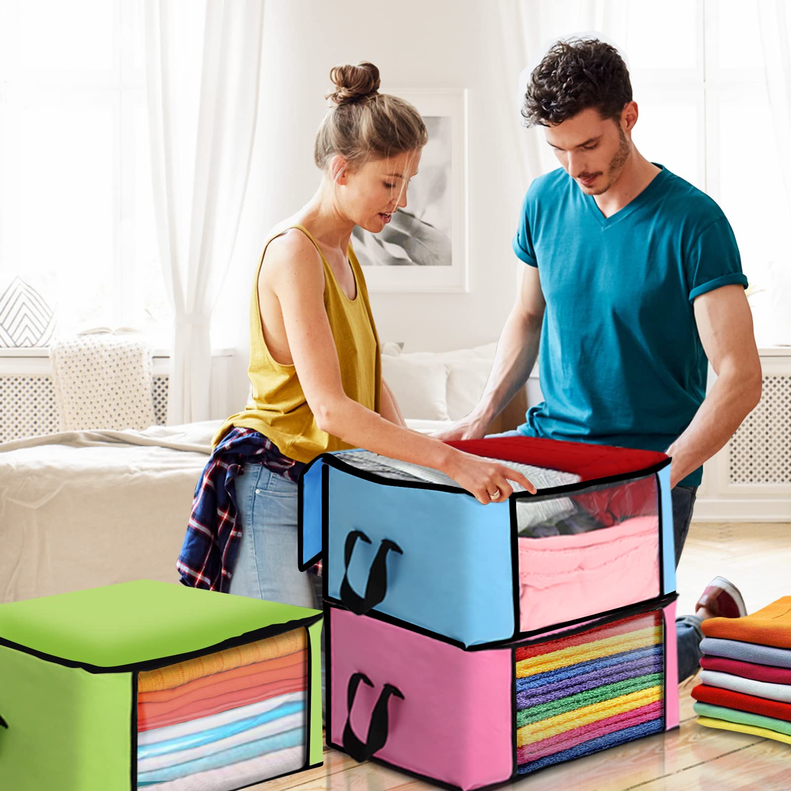 Scatole per Armadio in Tessuto Oxford per Trapunte e Coperte, Porta Abiti Grande capacità con Manico Rinforzato, Pieghevole Custodie Impermeabili antibatteriche 60x43x35cm 4pcs