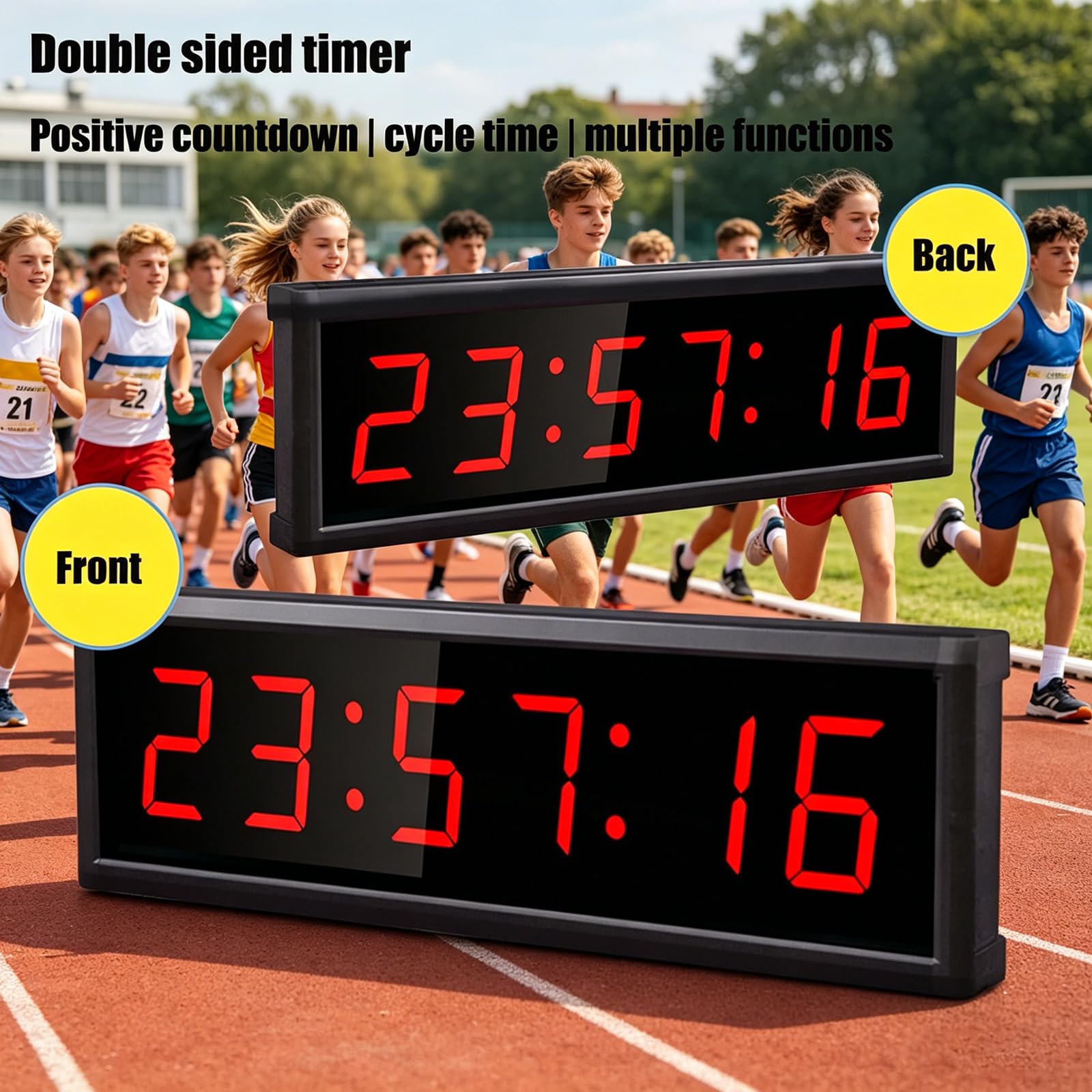 Reloj Pared Digital, Temporizador Doble Cara 3,8 Cm (1,5 Pulgadas) con Trípode/Control Remoto, 6 Modos Funcionamiento Principales, 3 Métodos Instalación, Eventos Carrera Competiciones Deportivas