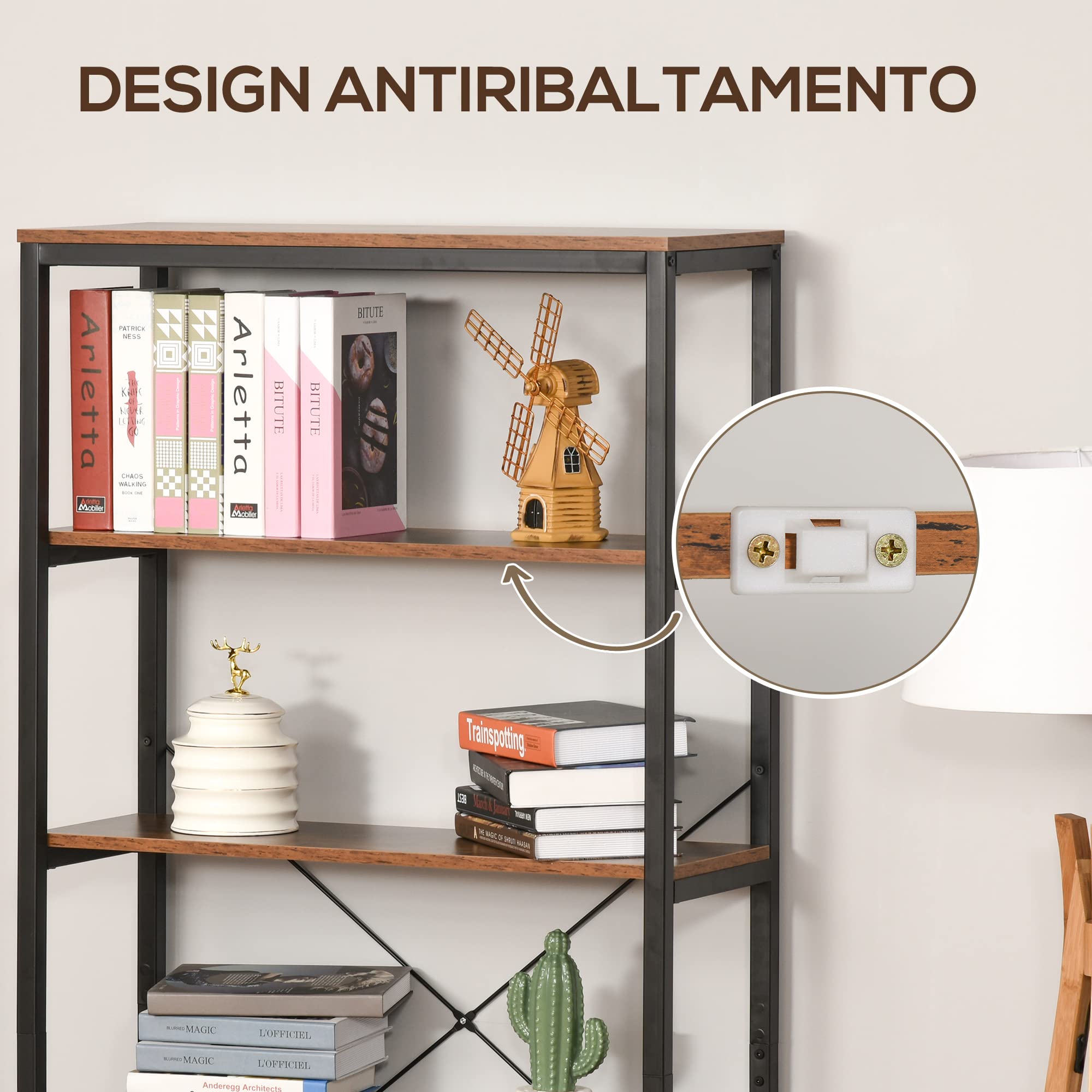 HOMCOM Libreria Verticale Industriale Vintage 6 Mensole 80x30x180cm Nero | Scaffale Salvaspazio, in Legno e Metallo