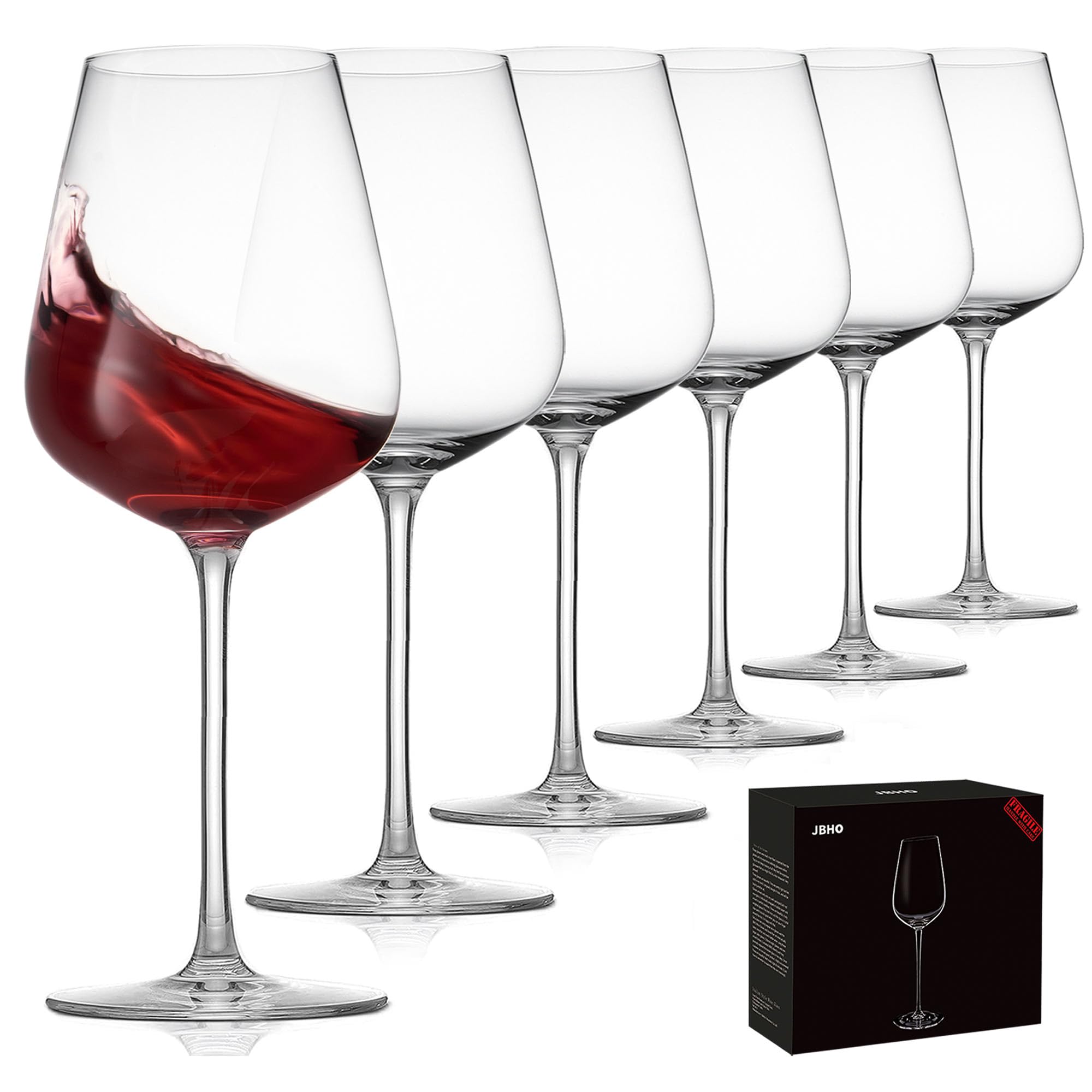 JBHO Hand Blown Bordeaux Wine Glasses - Set of 6-18 Ounce - Great Gift Packaging - Red Wine Glasses Lead-Free Premium Crystal Clear Glass