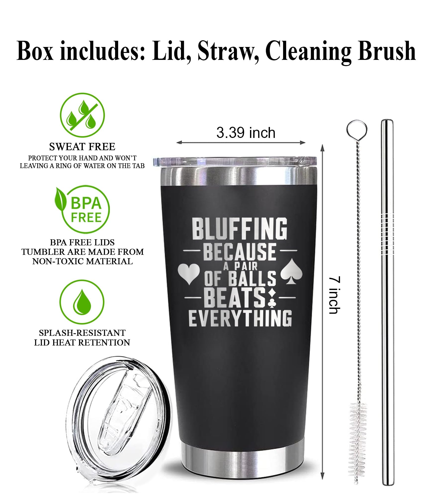 Bluffing Because A Pair Of Balls Beats Everything - Bluffing Tumbler - Engraved Stainless Steel Poker Tumbler - Funny Adult Humor Gift - Funny Poker Mug - Poker Gift For Him, 20oz, Black