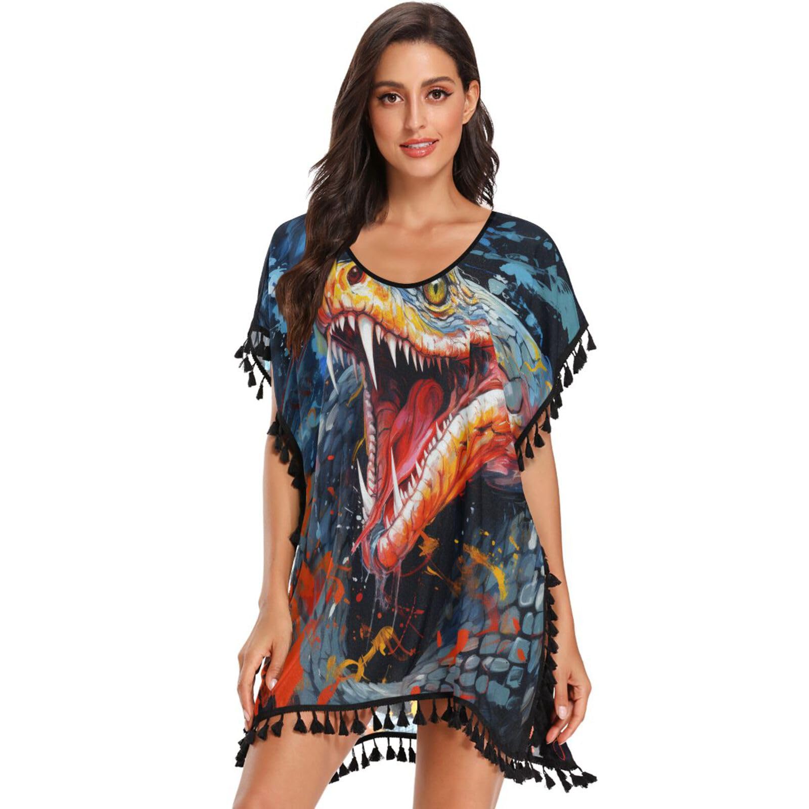 Snake Watercolor Abstract Art Women's Beach Cover Up Chiffon Tassel Swimwear Swimsuit Coverups for Girl