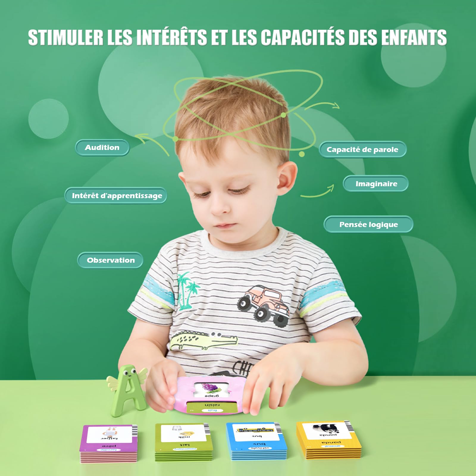 Mówiące karty flash Montessori edukacyjne dla dzieci w wieku 3 lat Rozmowa Flash Cards 112 arkuszy 224 słowa, zabawki edukacyjne do nauki mówienia, francuski/angielski/dwujęzyczny (różowy)