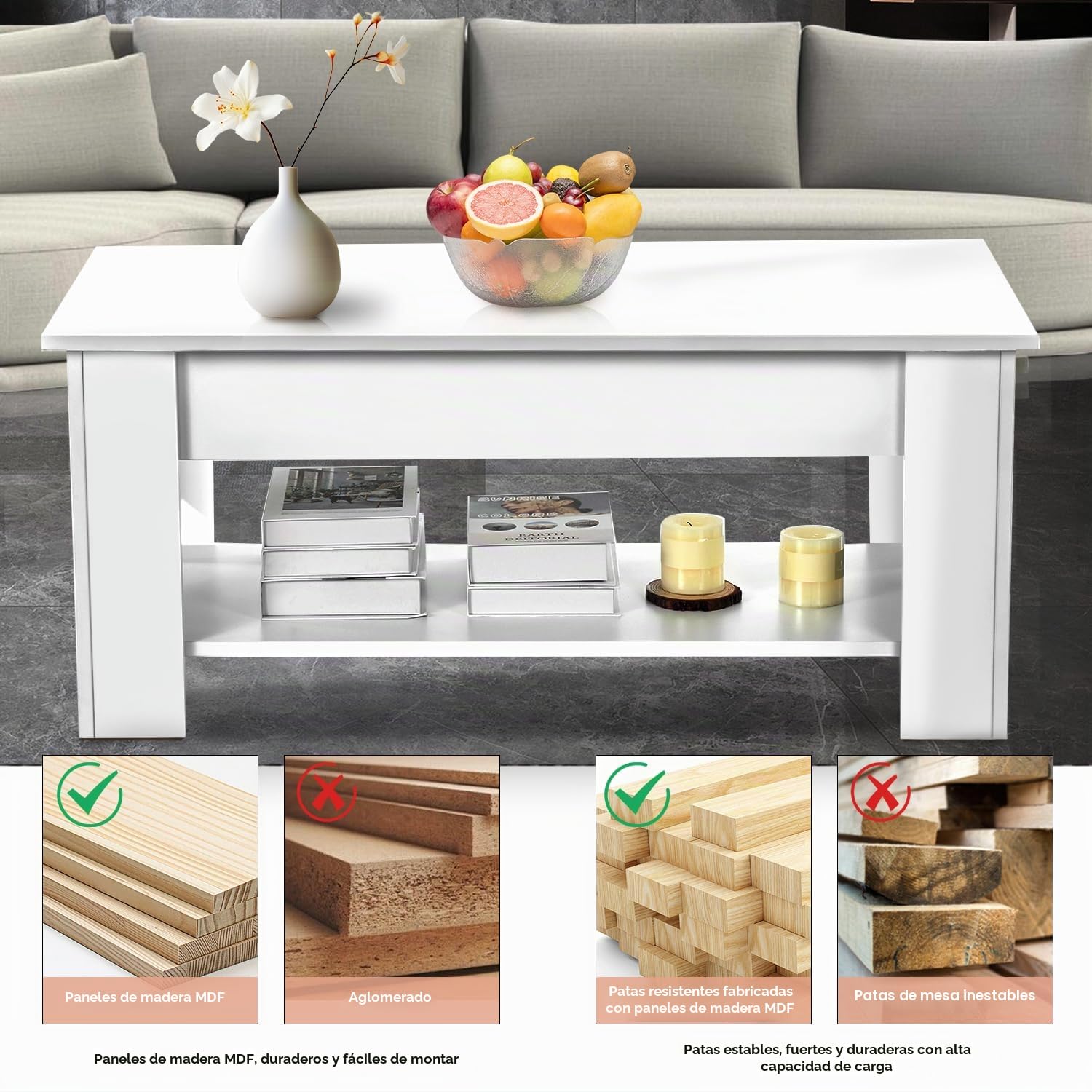 Mesa de Centro Elevable y Extensible, Mesa de Salón o Comedor Mesita Cafe con Almacenaje y Estante Almacenamiento Oculto Modernos Blanco 98x50x(42-56) cm