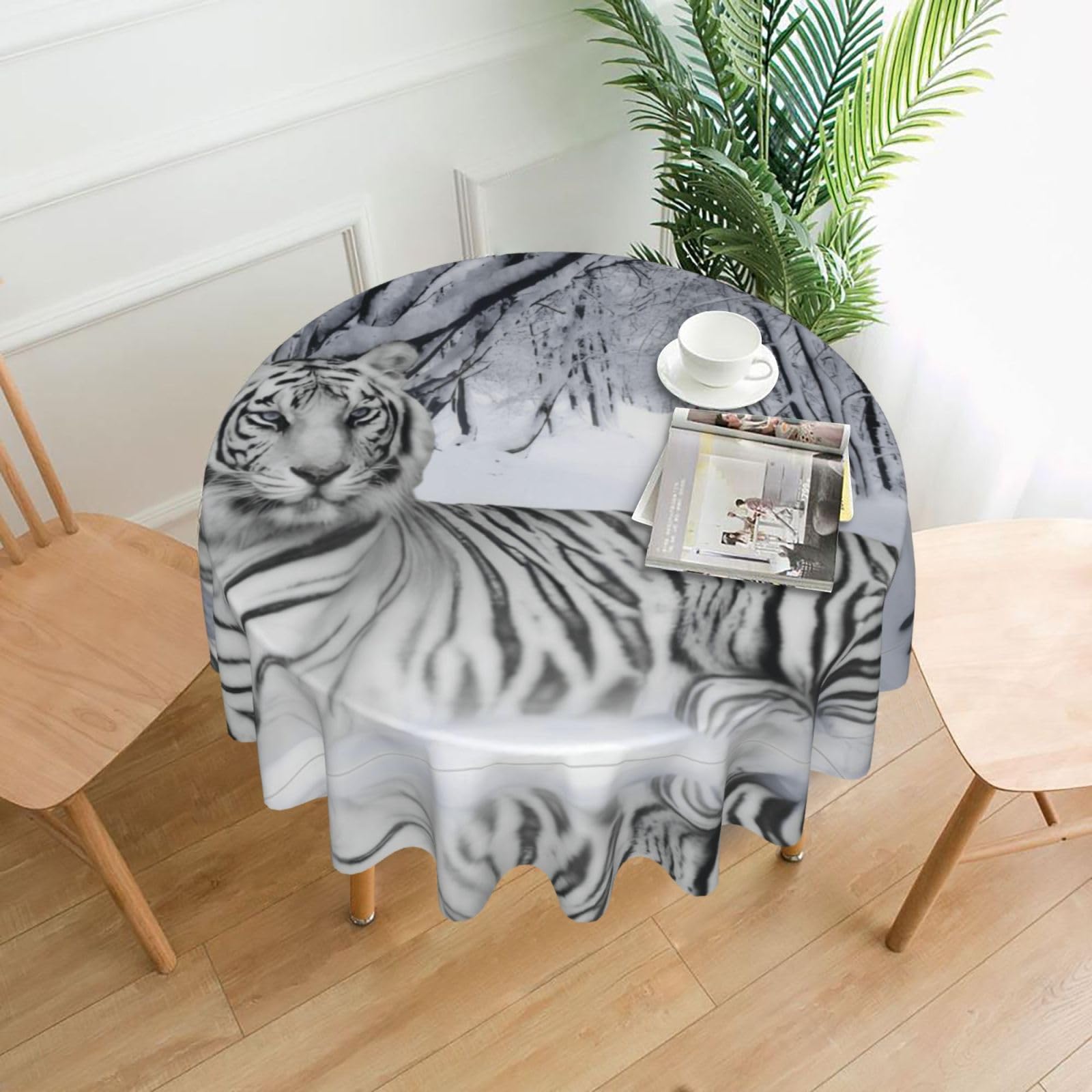 Hjfczh Black White Tiger Prints Round Table Throw 60 Inch - Waterproof Table Cover - Soft & Wrinkle Resistant Decor Layer For Dinners, Parties & Everyday Use