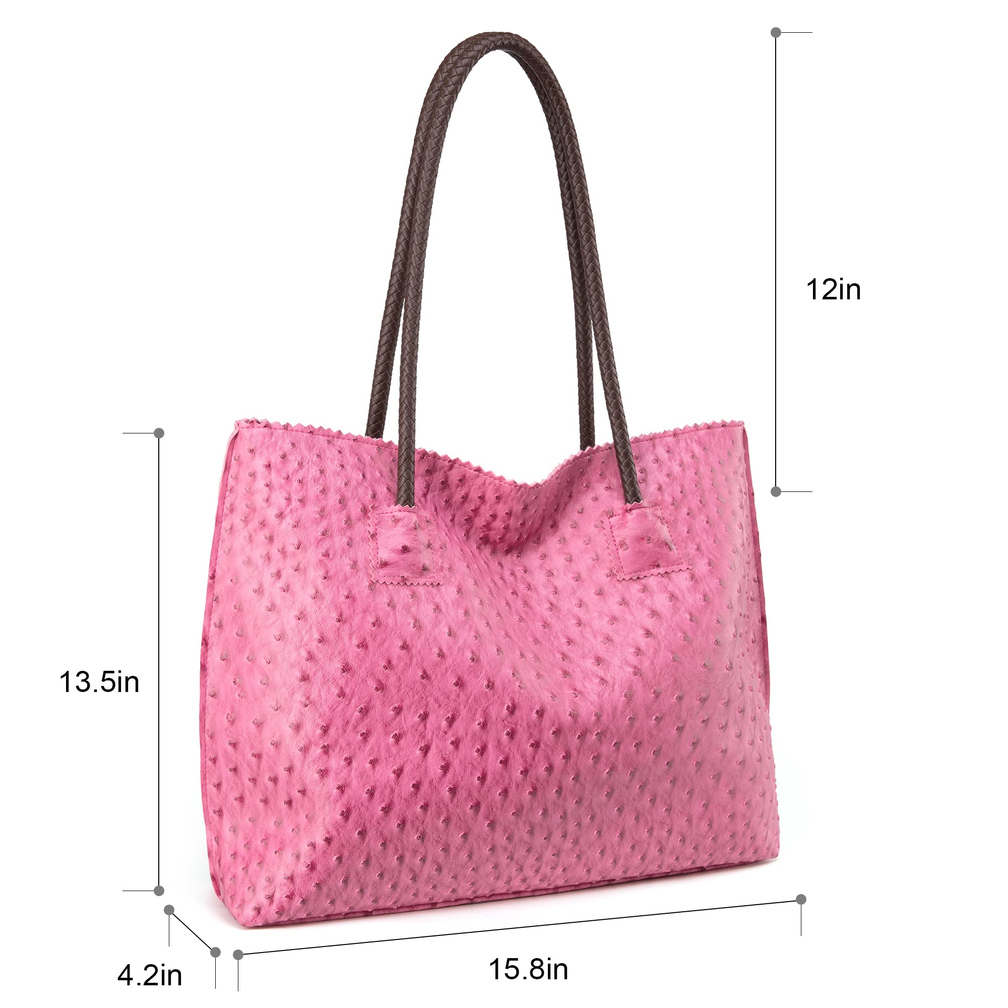 Milan Chiva Tote Bag for Women with Zipper Large Ostrich Vegan Leather Shoulder Purses and Handbags: Fuchsia Rose