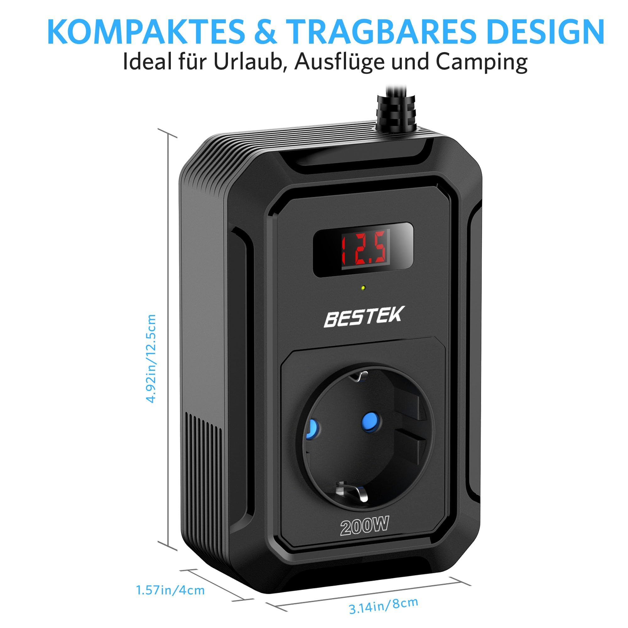 BESTEK 200W Spannungswandler 12 V auf 240 V 230 V AC Auto-Wechselrichter,3-pin Steckdosen,2PD 30W und 2 QC18W Anschlüsse Anschlüssen Zigarettenanzünderstecker,von Laptops, iPhones,und mehr,Schwarz