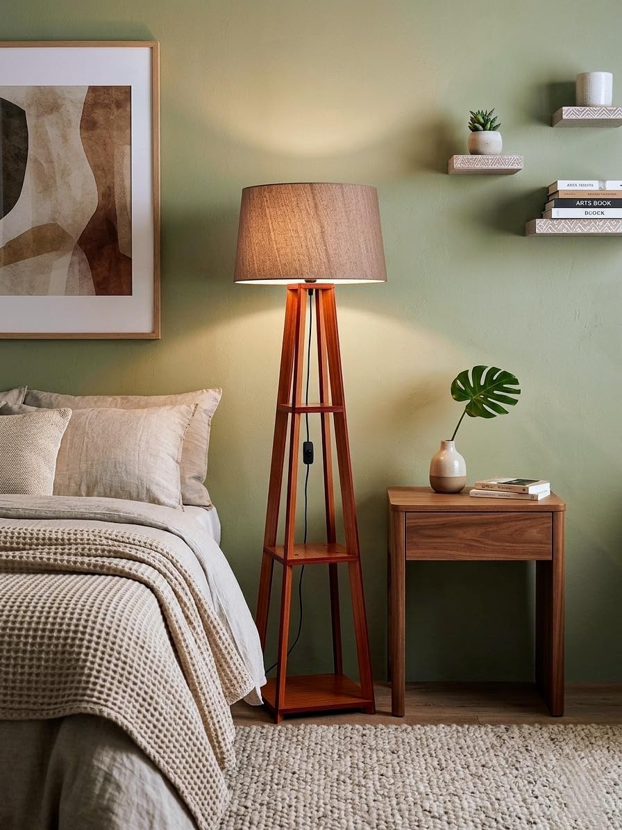 Wooden Study Lamp Led Bulb Included; Decorative Floor and Swing Arm Floor Lamp Reading Lights for Children, Bedroom, Living Room, Home and Office Floor lamp with Shelf (Brown)-image-48
