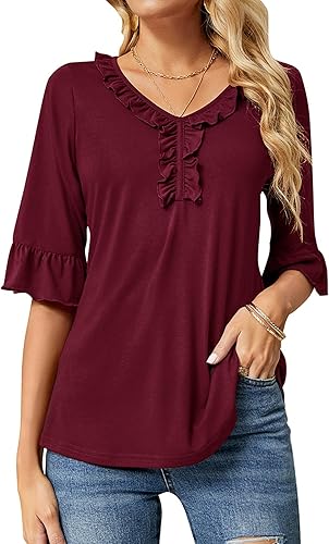 Ivicoer Camisetas casuales con cuello en V para mujer, holgadas, para verano, otoño, mangas 34 acampanadas, tops, blusas túnica con volantes